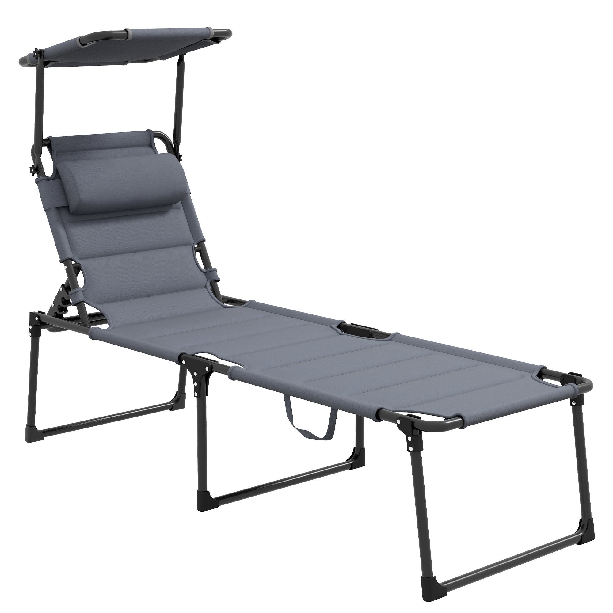 Outsunny Adjustable Backrest Folding Chaise Lounge, Cushioned Tanning Chair w/Sunshade Roof & Pillow Headrest, Dark Gray