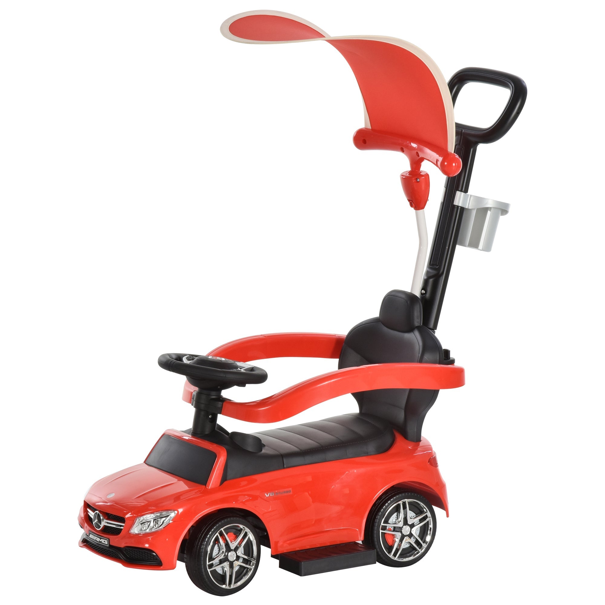 3 in 1 Ride on Push Cars for Toddlers, Stroller Sliding Walking Car with Sun Canopy, Horn, Music, Safety Bar, Cup Holder and Storage, Red