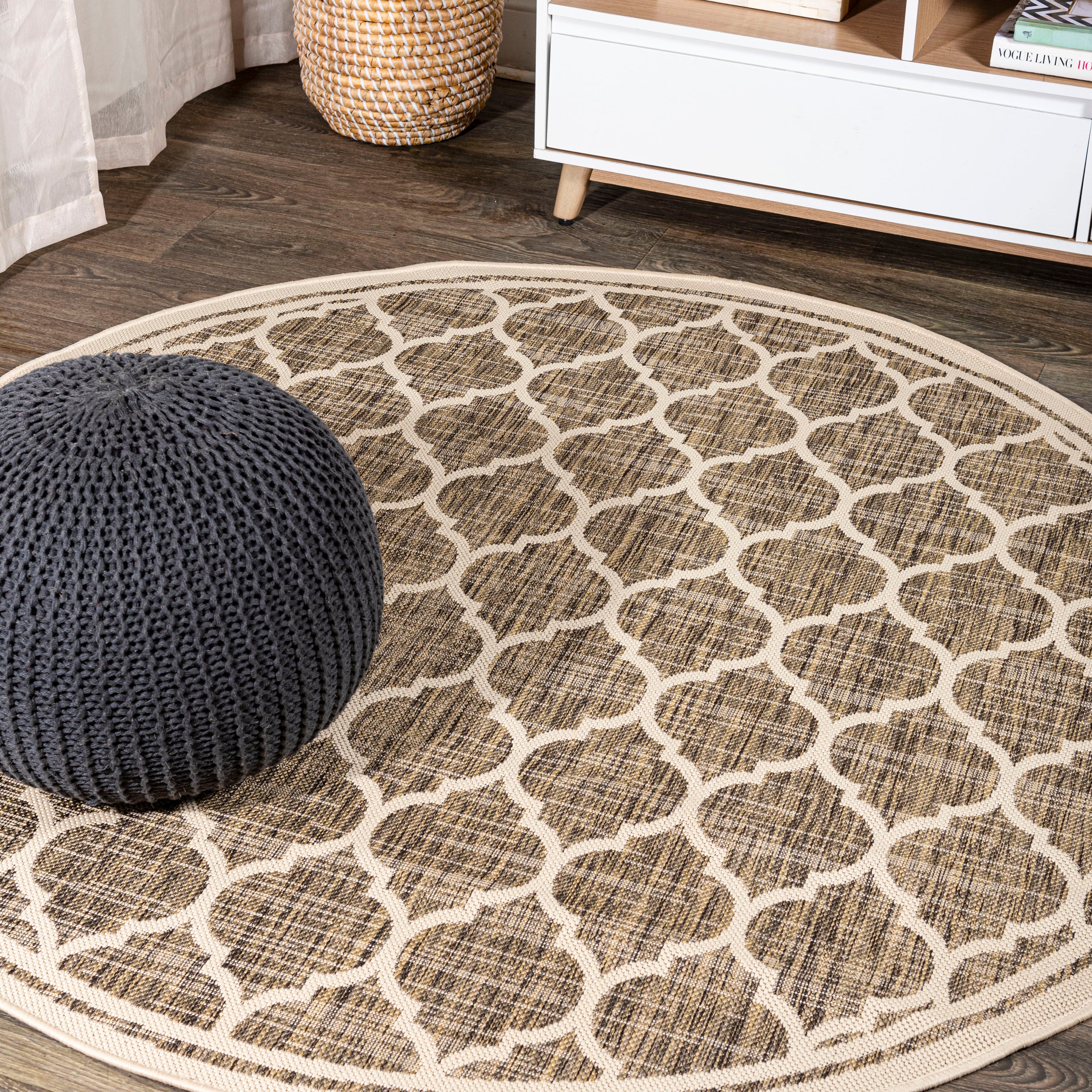 Trebol Moroccan Trellis Textured Weave Indoor/Outdoor Round Area Rug