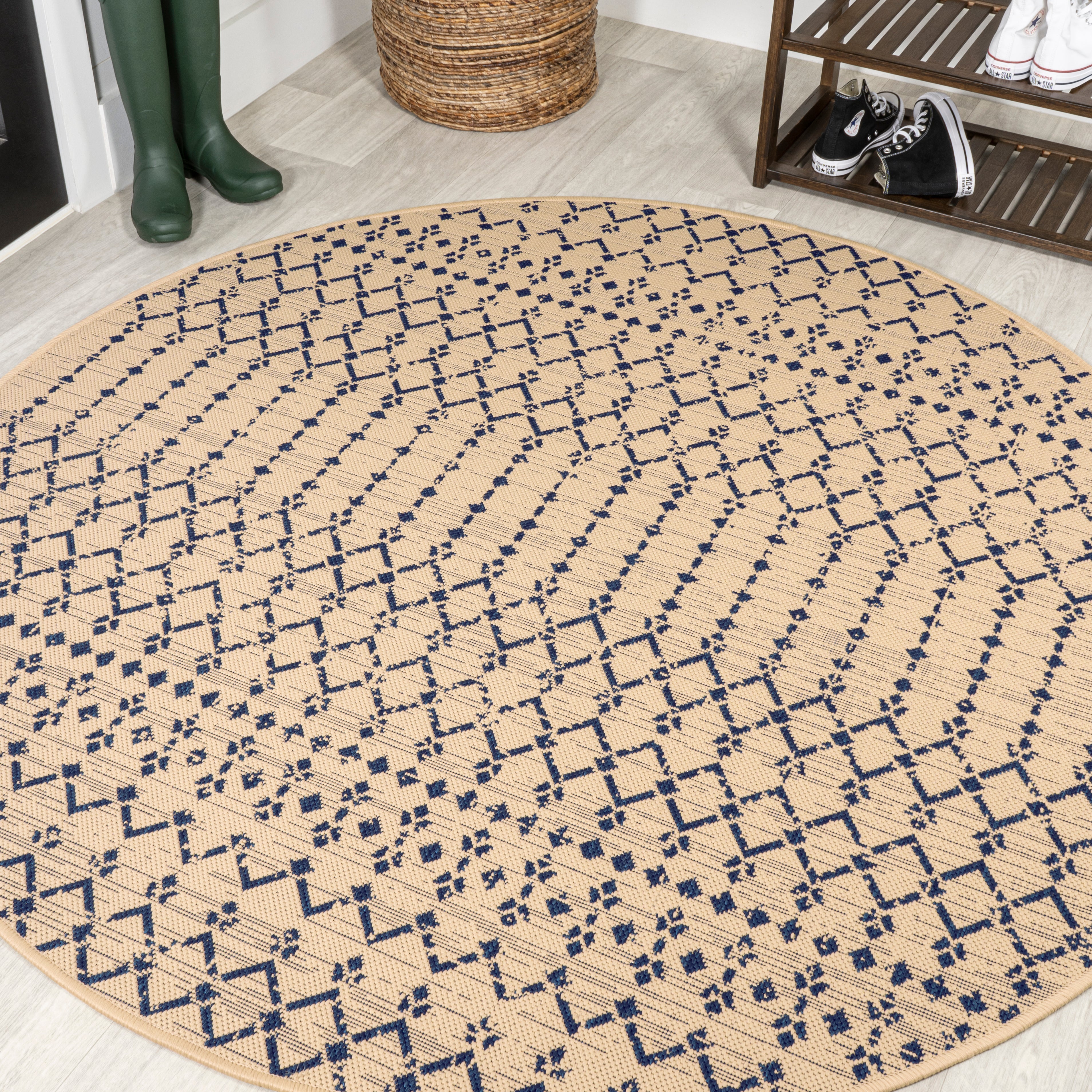 Ourika Moroccan Geometric Textured Weave Indoor/Outdoor Round Area Rug