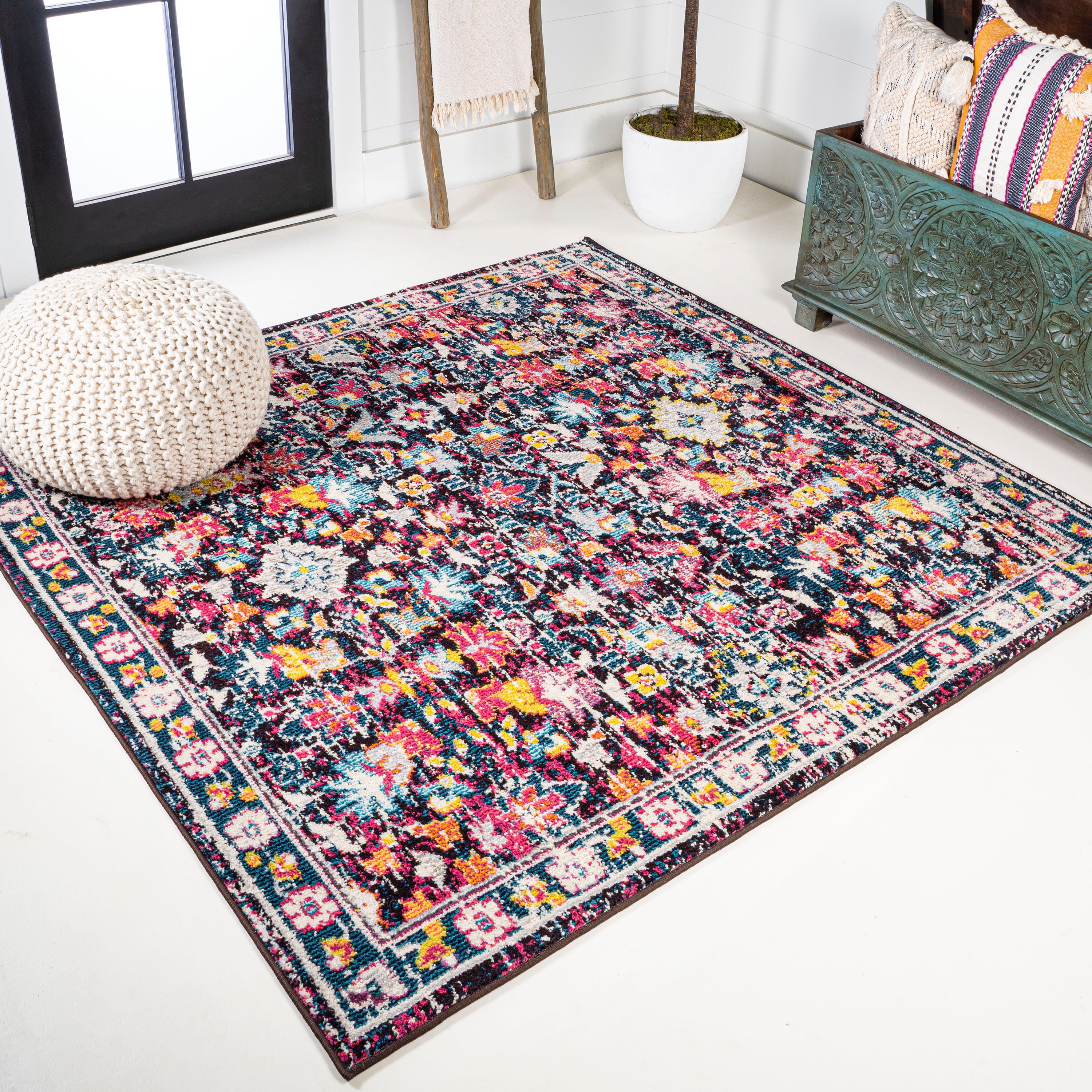 Modern Persian Boho Floral Square Area Rug