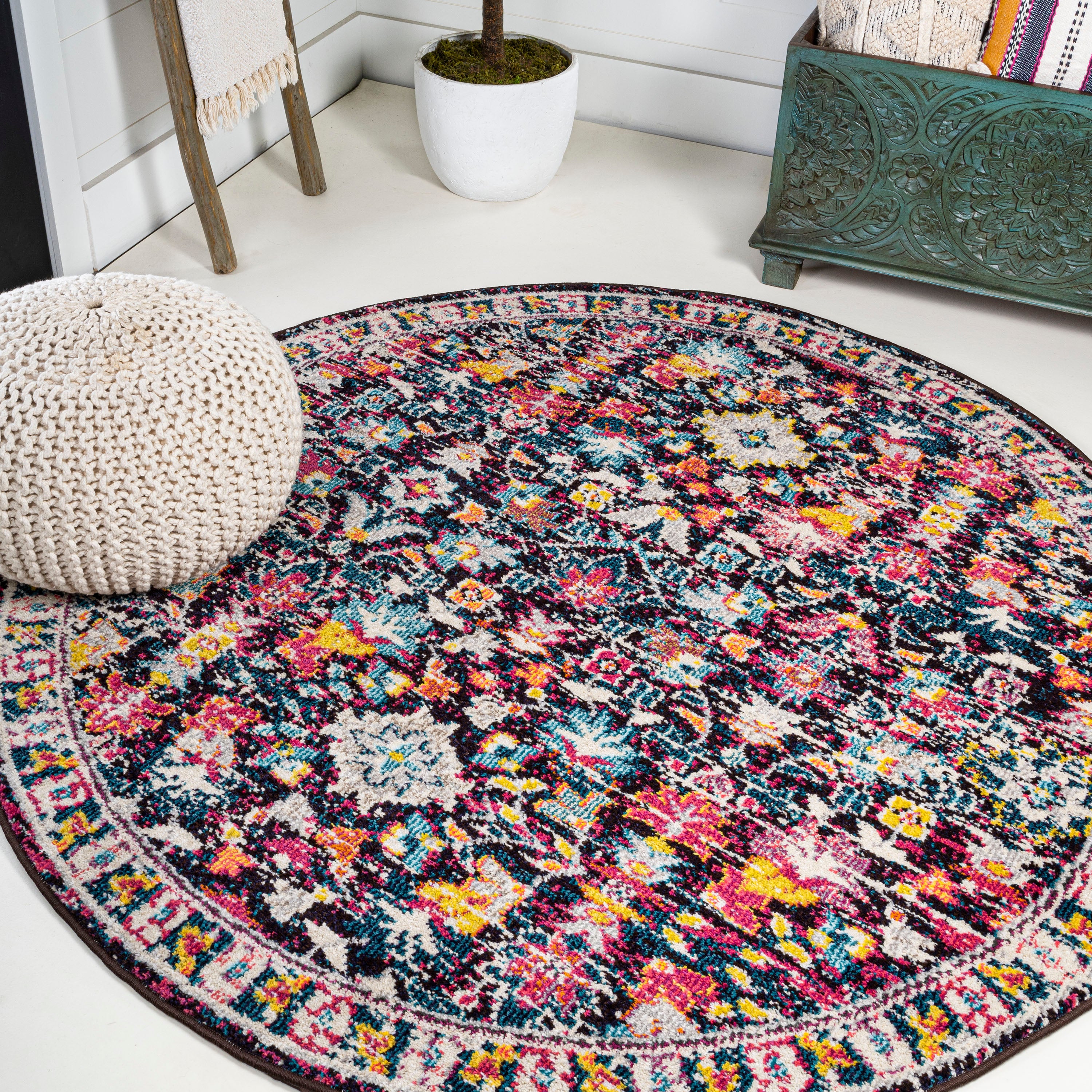 Modern Persian Boho Floral Round Area Rug