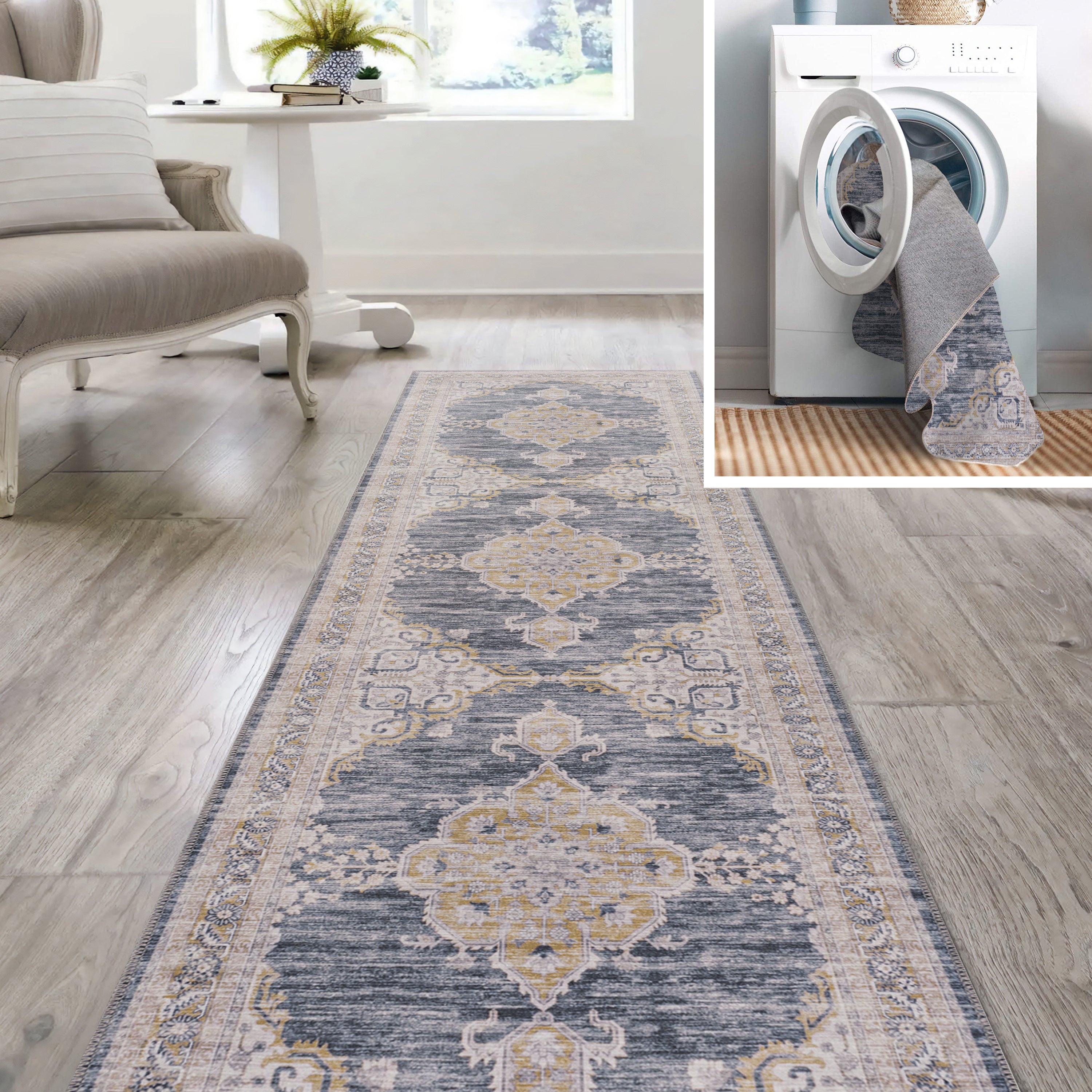 Wincer Chenille Cottage Medallion Machine-Washable Runner Rug