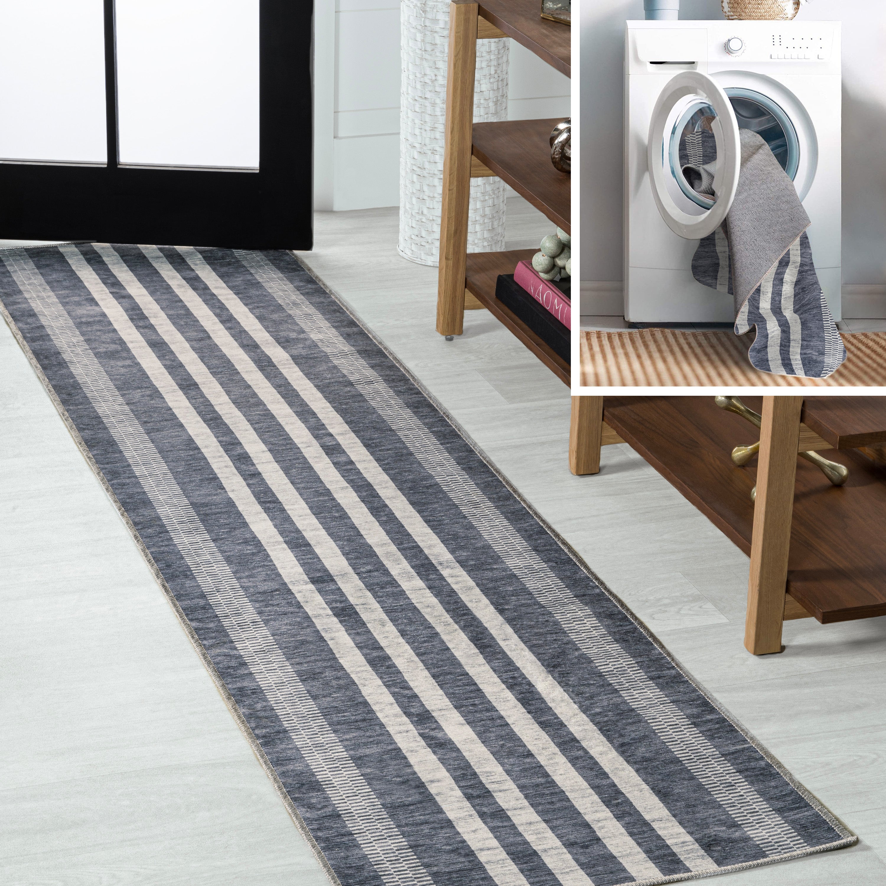 Vichy Geometric Striped Machine-Washable Slate Runner Rug