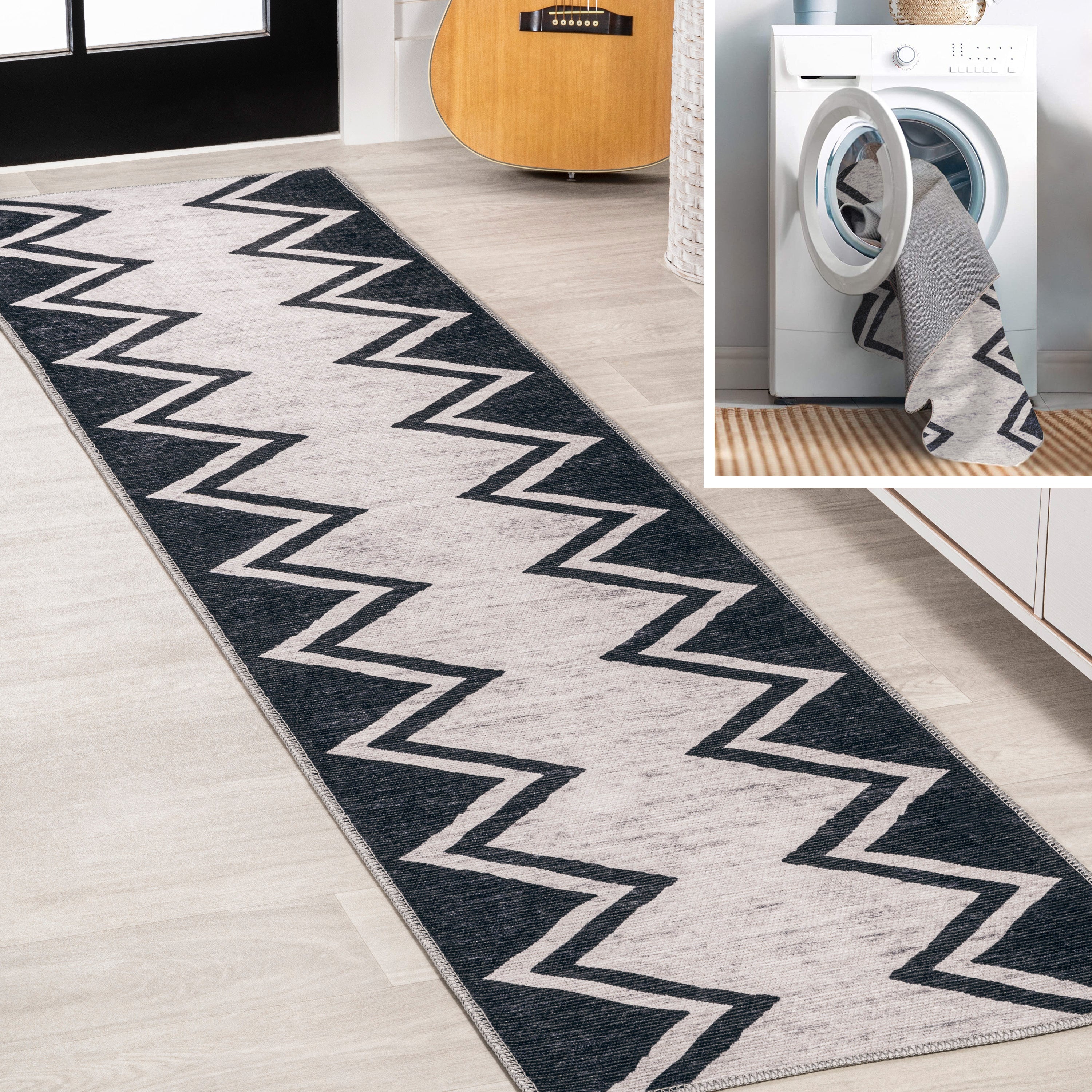 Siksak Modern Chevron Border Machine-Washable Runner Rug