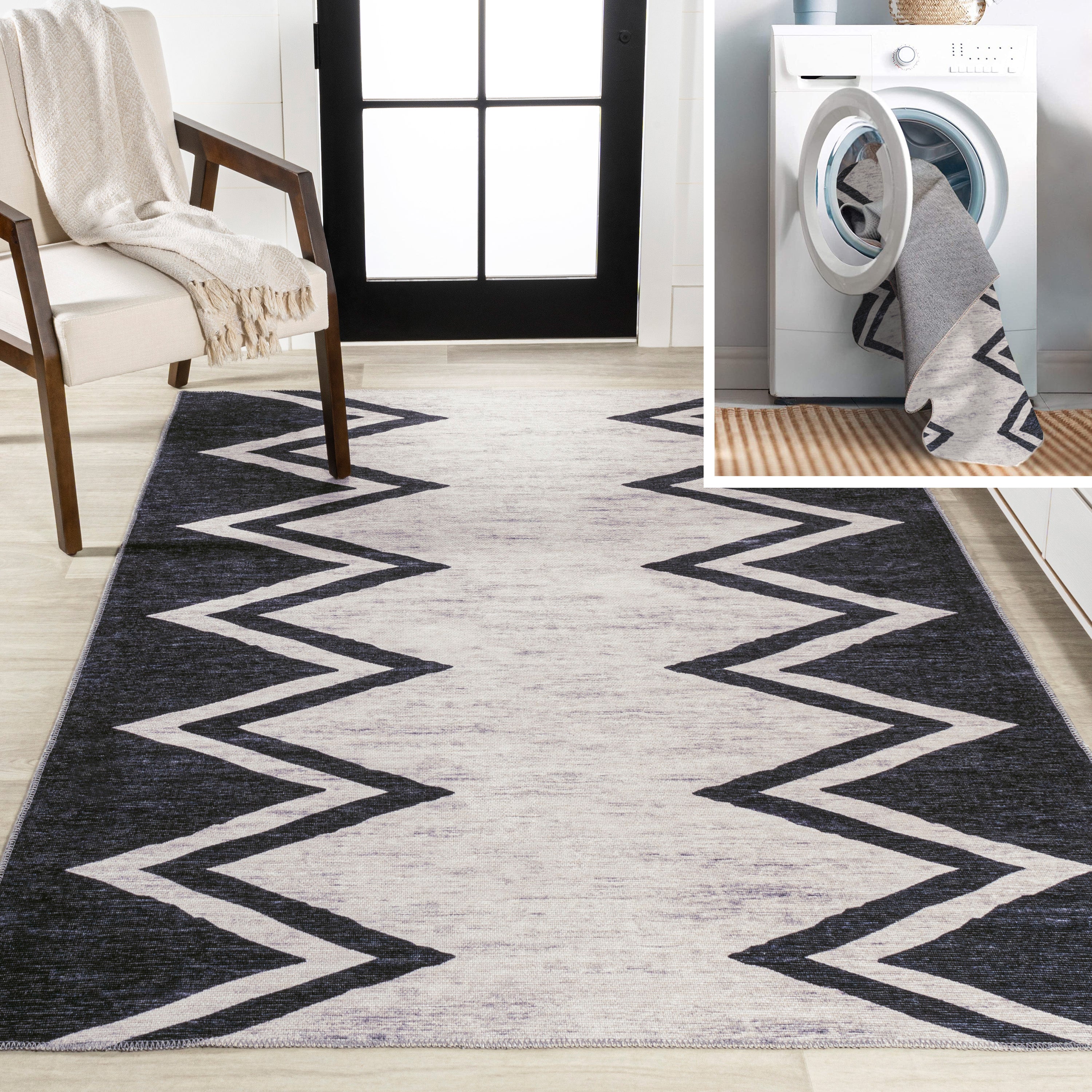 Siksak Modern Chevron Border Machine-Washable Area Rug