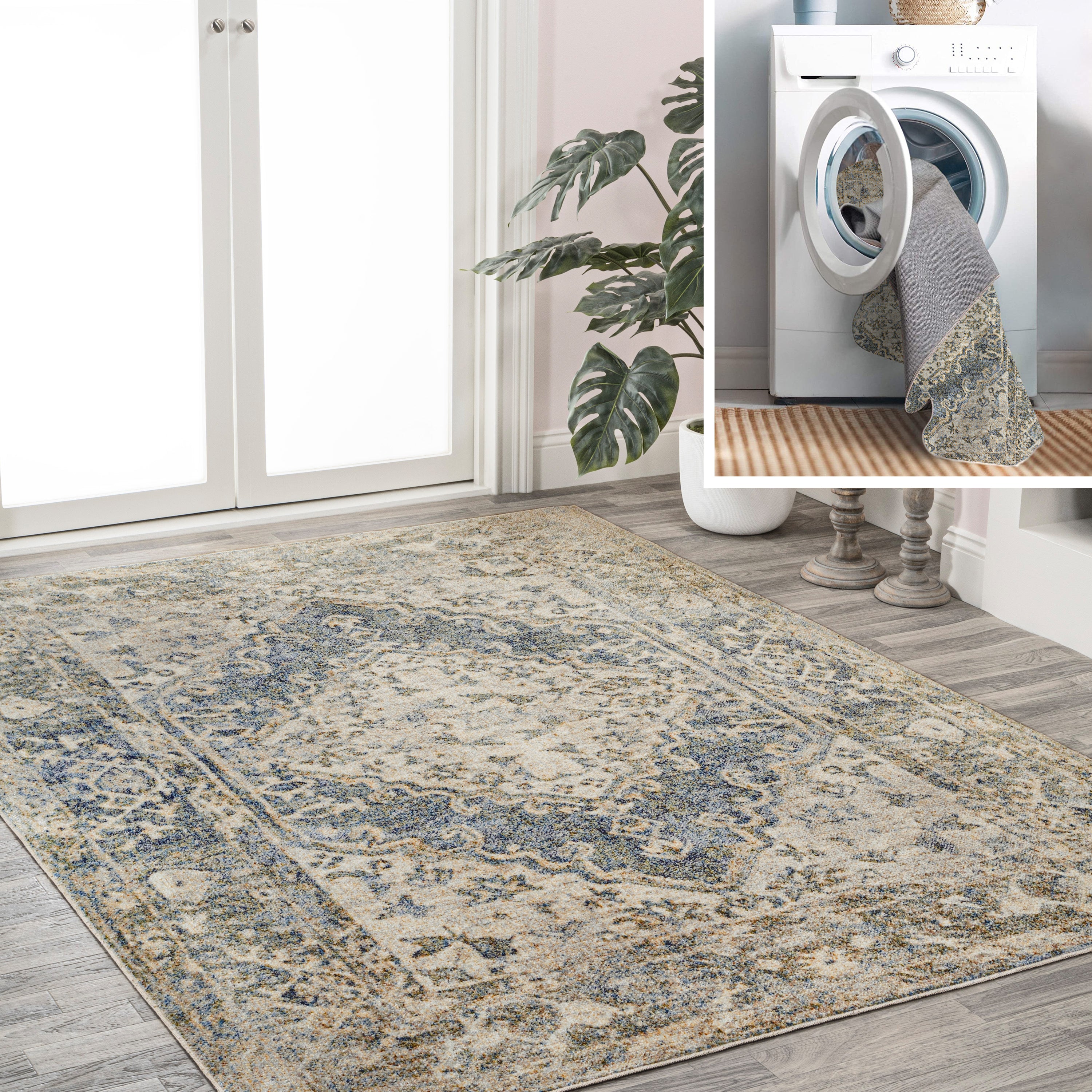 Pavel Distressed Medallion Low-Pile Machine-Washable Area Rug