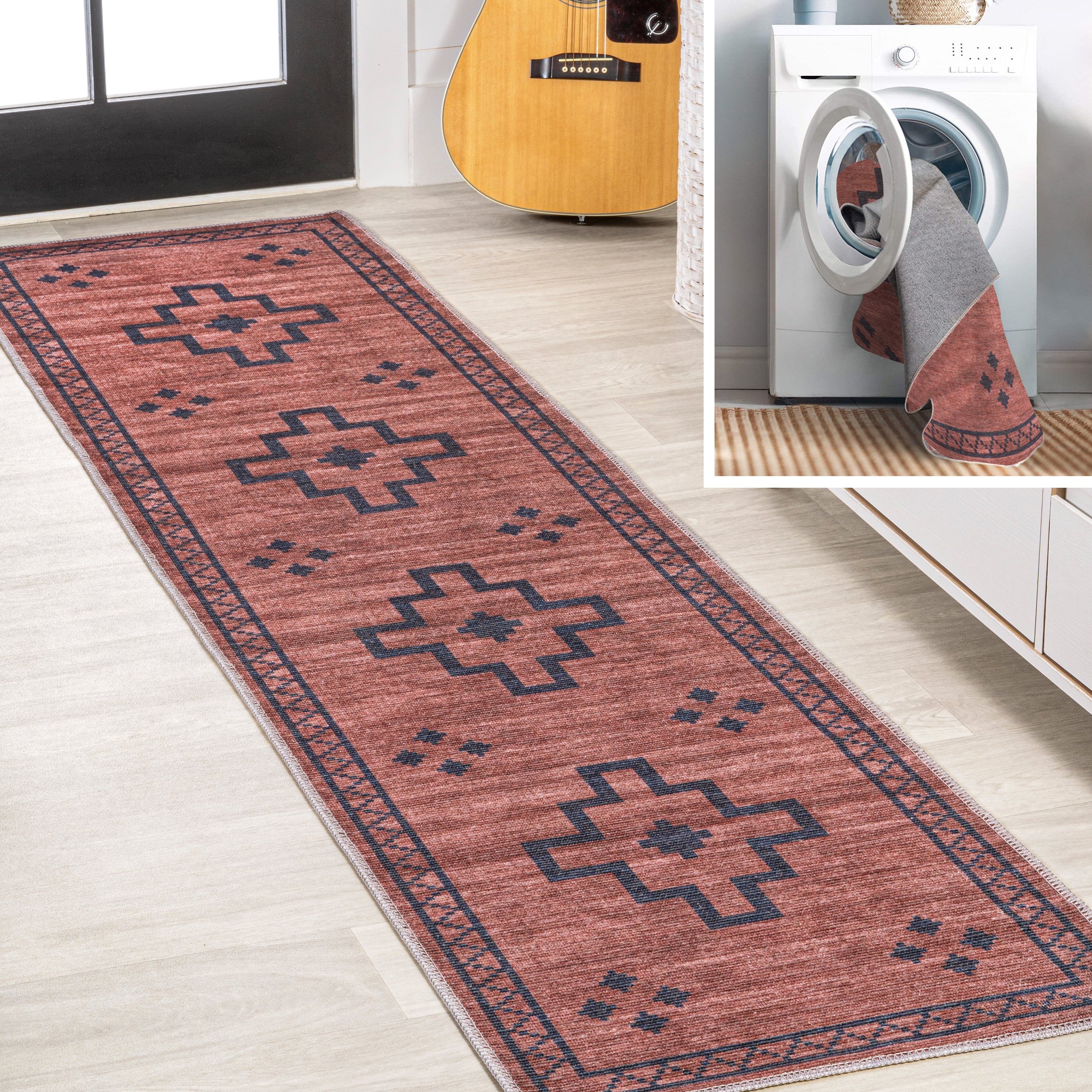 Korsa Geometric Medallion Machine-Washable Runner Rug