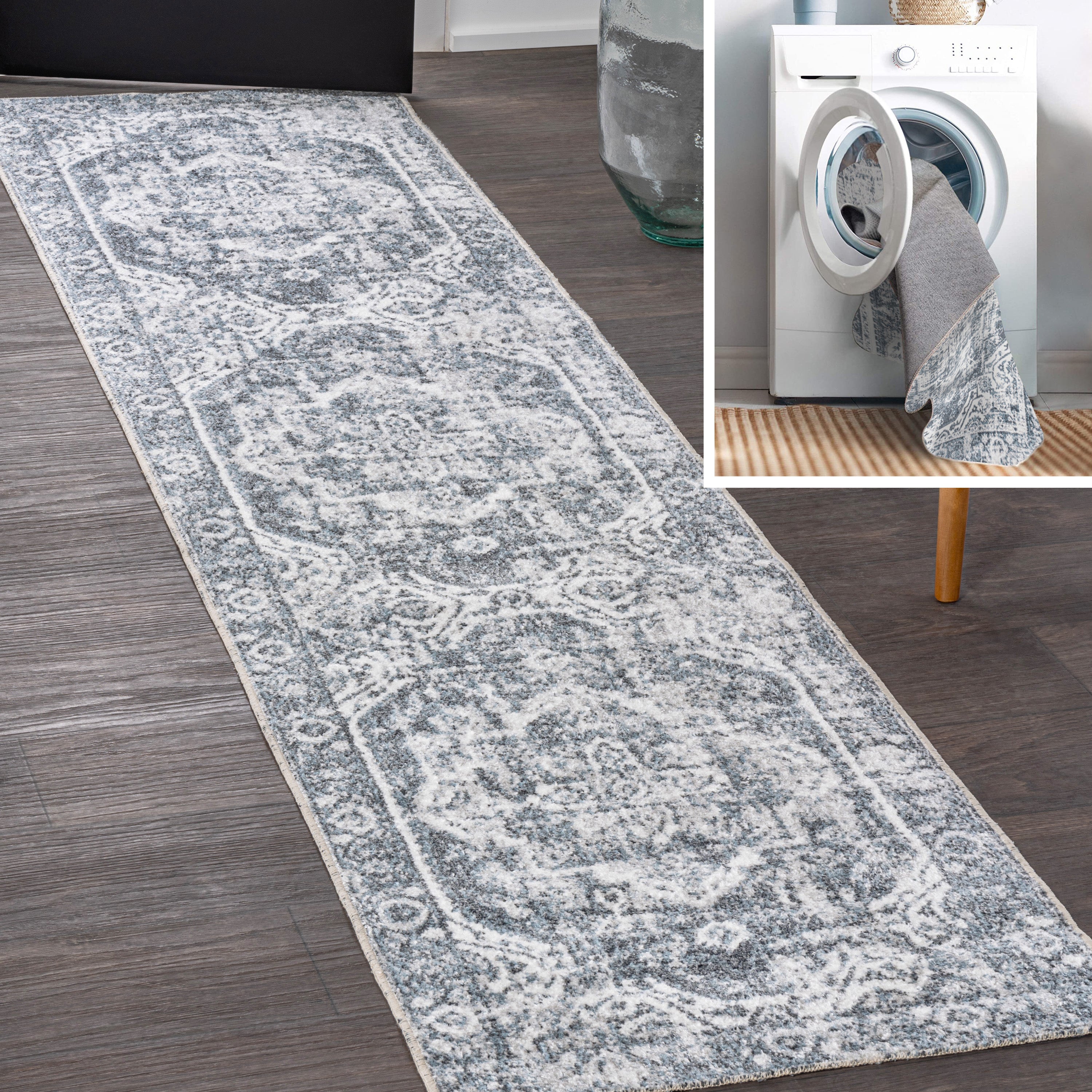 Keesha Bold Distressed Medallion Low-Pile Machine-Washable Runner Rug