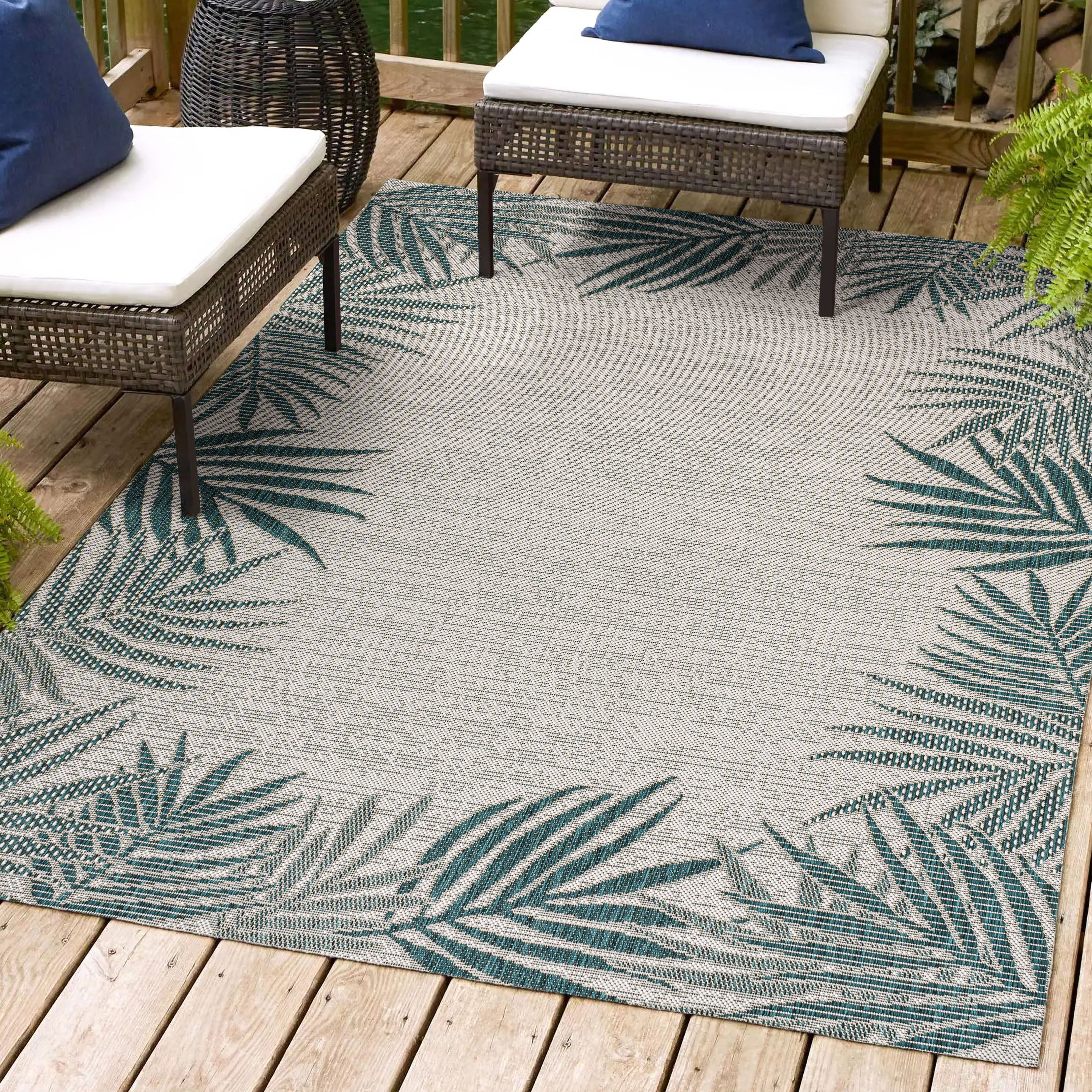 Isla Coastal Cottage Palm Frond Border Indoor/Outdoor Area Rug