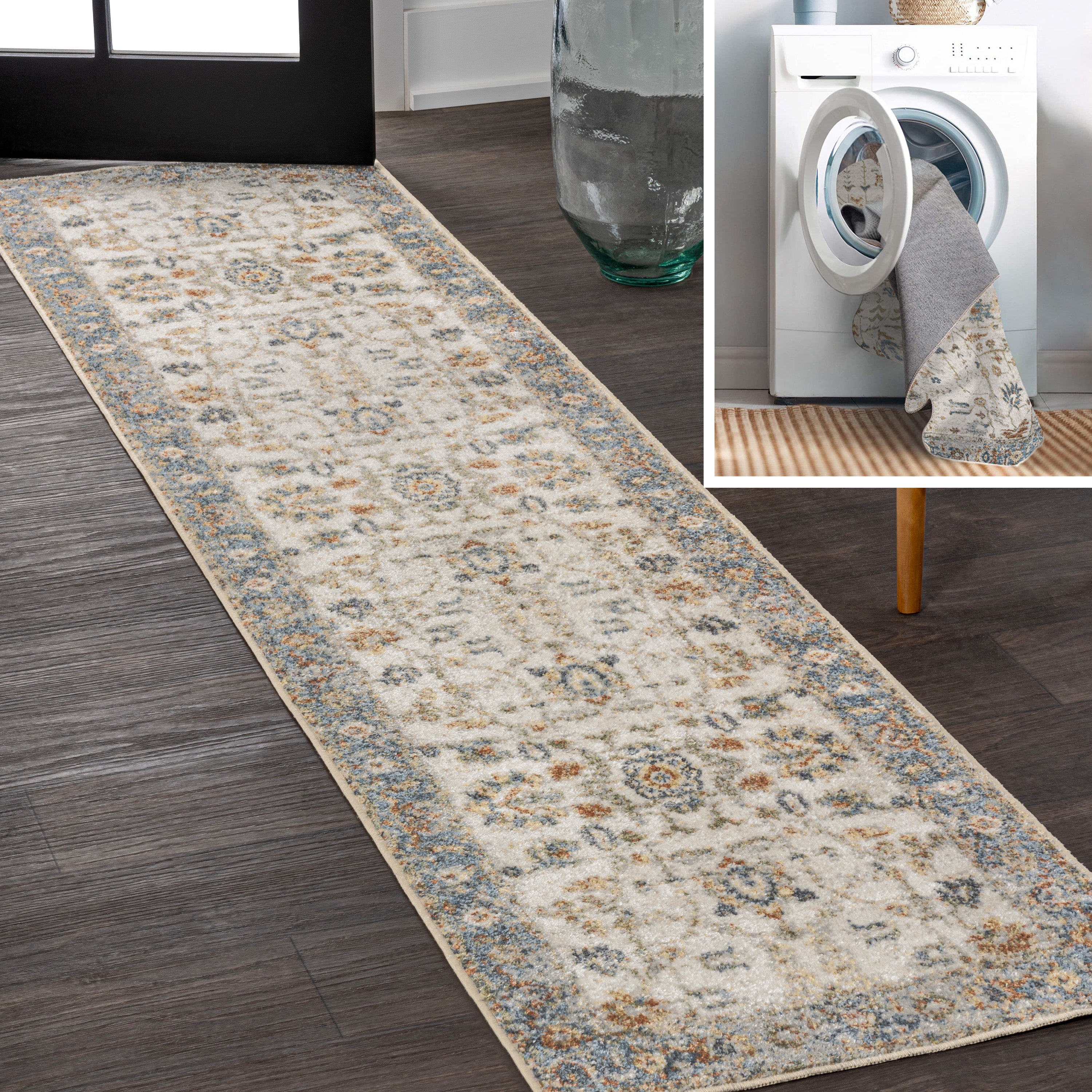 Hiero Persian Border Low-Pile Machine-Washable Runner Rug