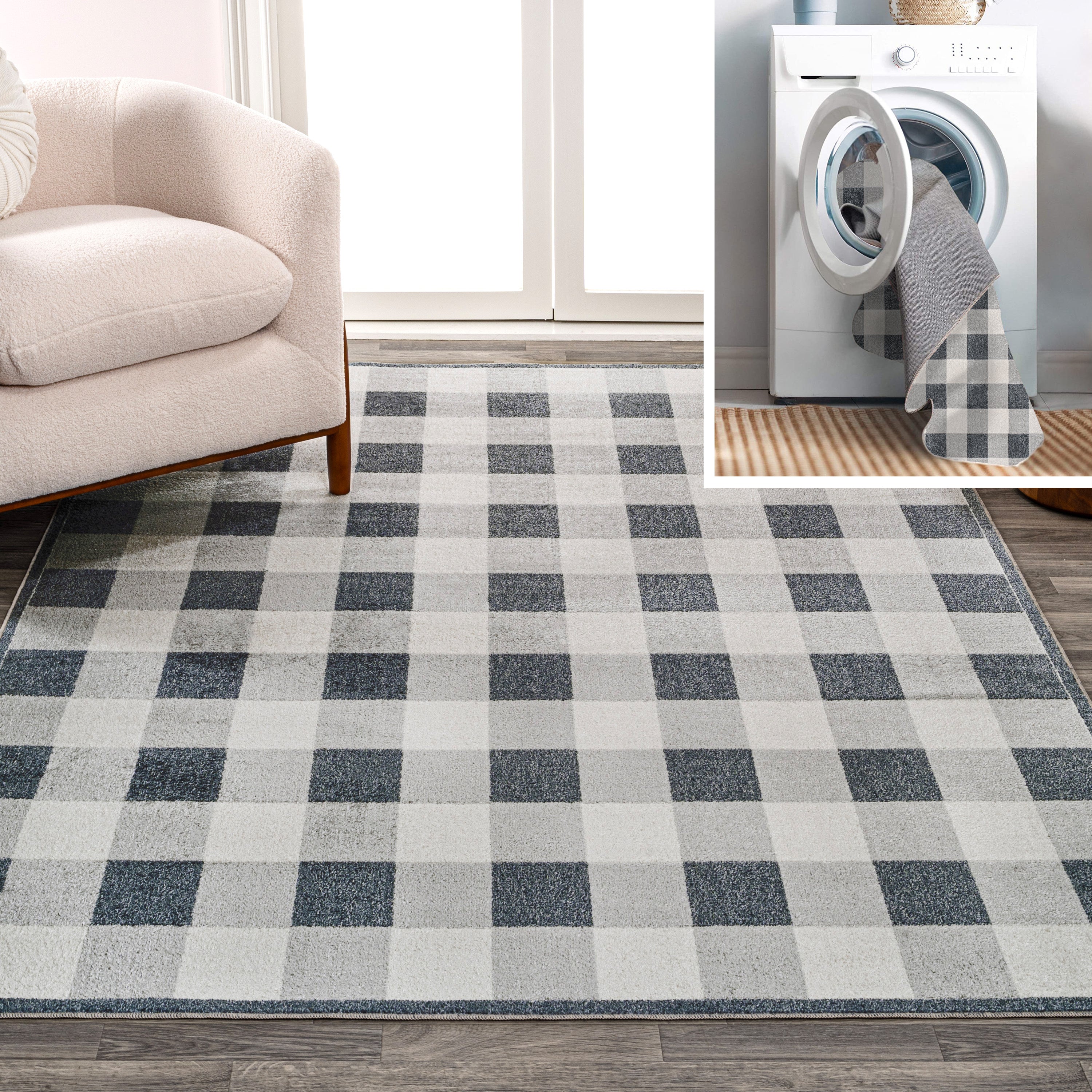 Gingham Gradient Plaid Cottage Machine-Washable Area Rug Area Rug