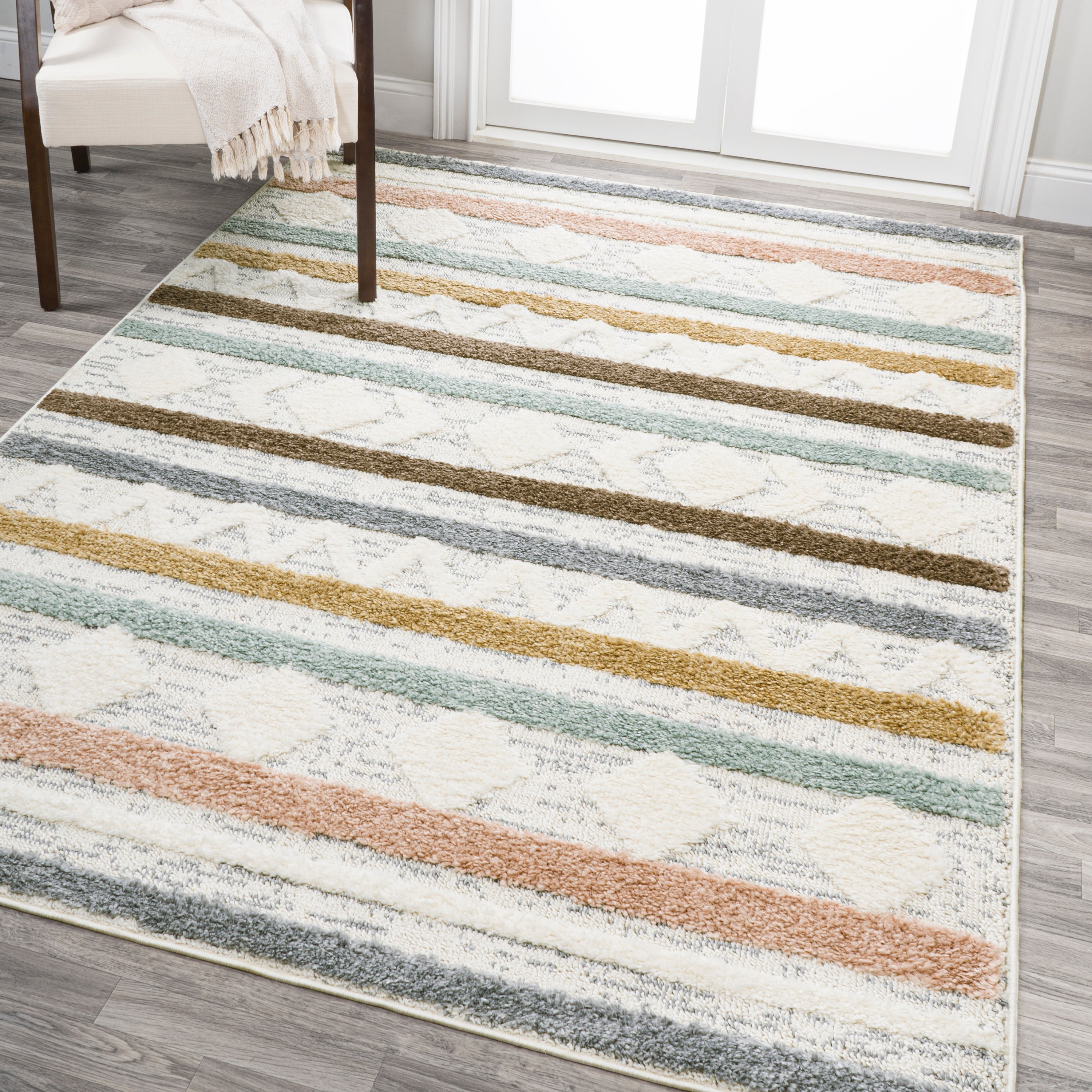 Faiza Moroccan Striped Geometric High-Low Area Rug