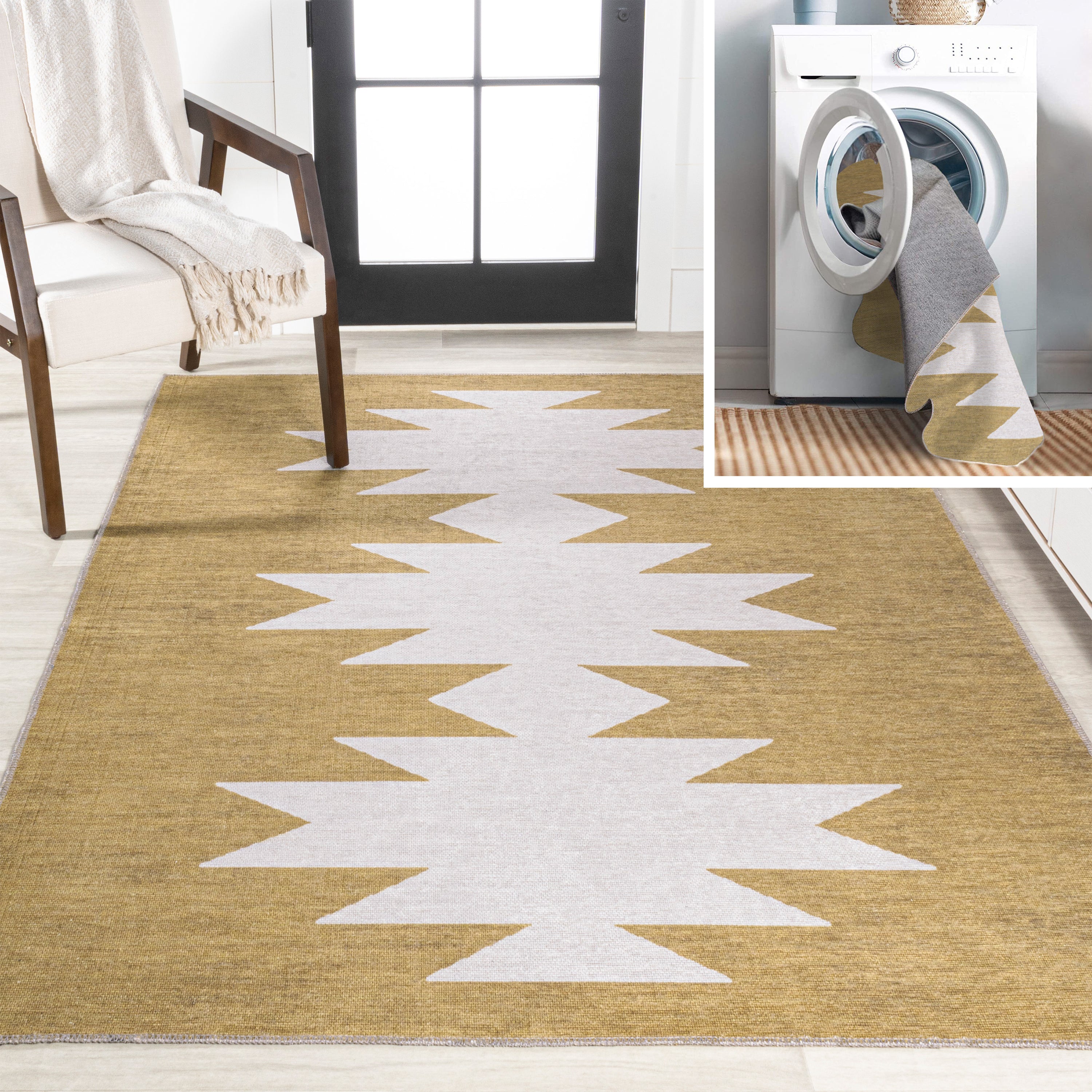 Chayton Minimalist Geometric Machine-Washable MossArea Rug