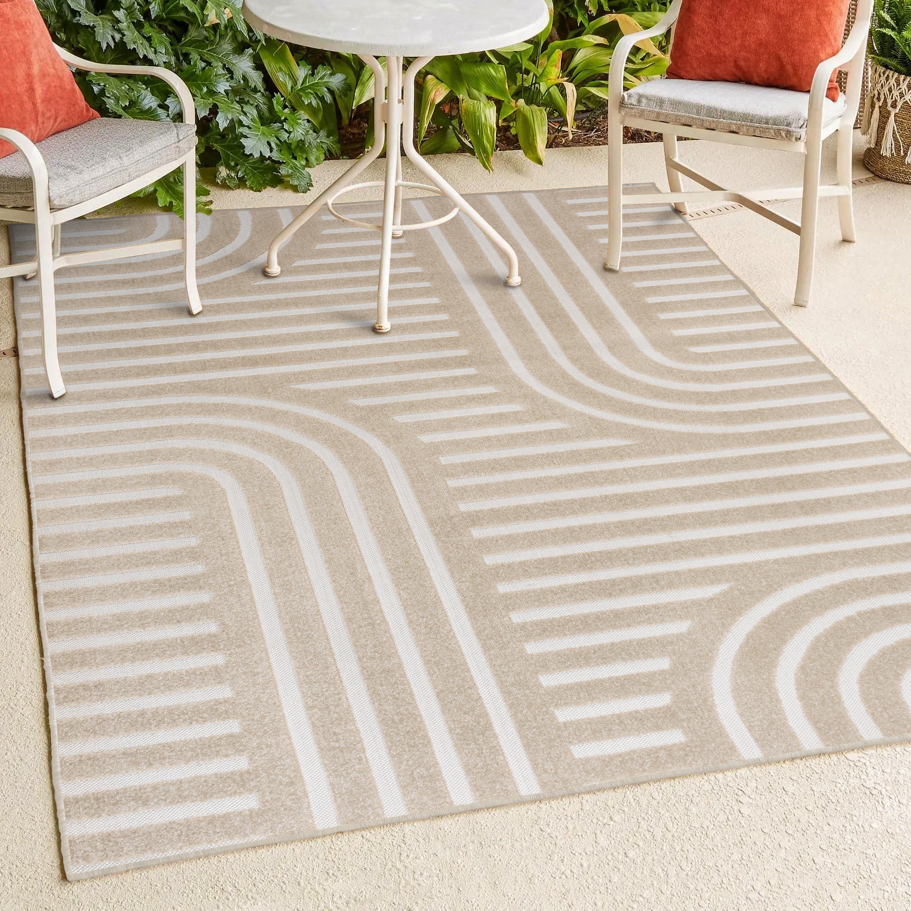 Anders High-Low MidCentury Modern Arch Stripe Two-Tone Indoor/Outdoor Area Rug