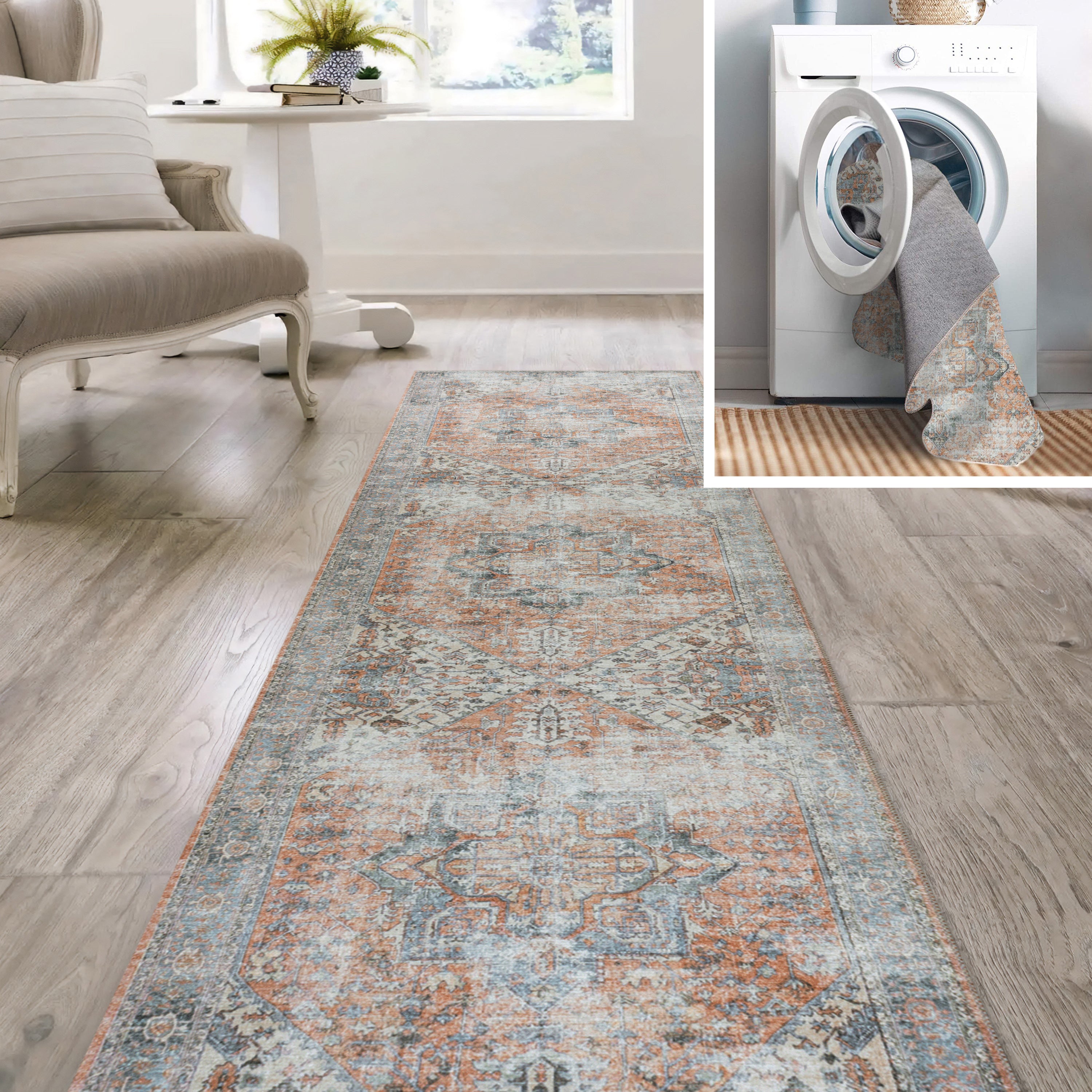 Armae Distressed Medallion Chenille Machine-Washable Runner Rug