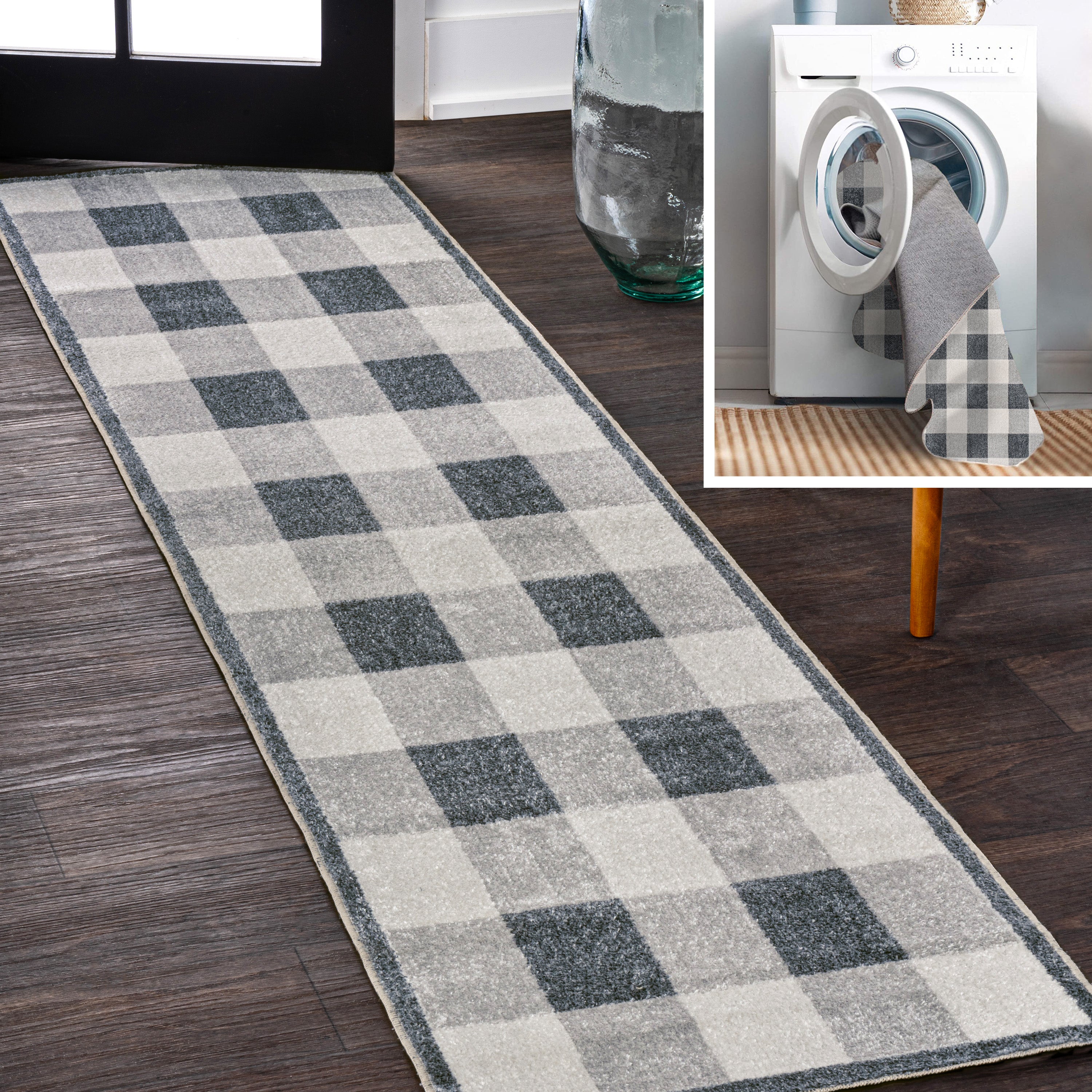 Gingham Gradient Plaid Cottage Machine-Washable Runner Rug Runner Rug