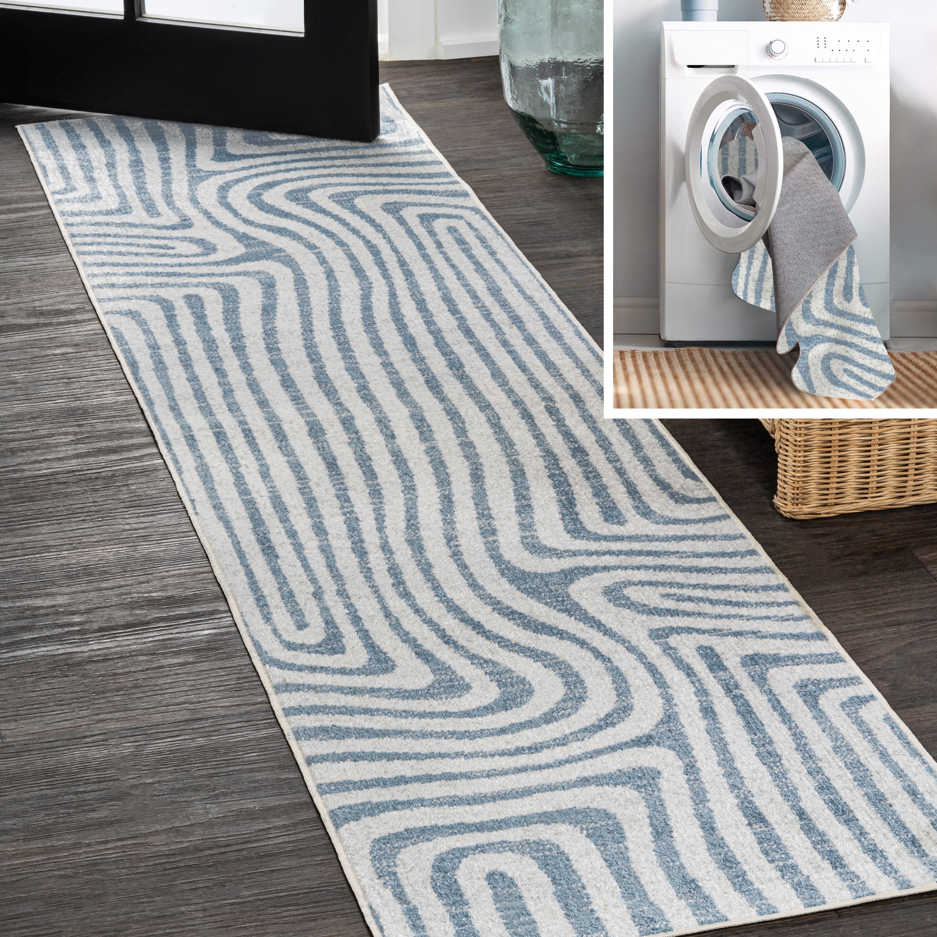 Maze Abstract Two-Tone Low-Pile Machine-Washable Runner Rug