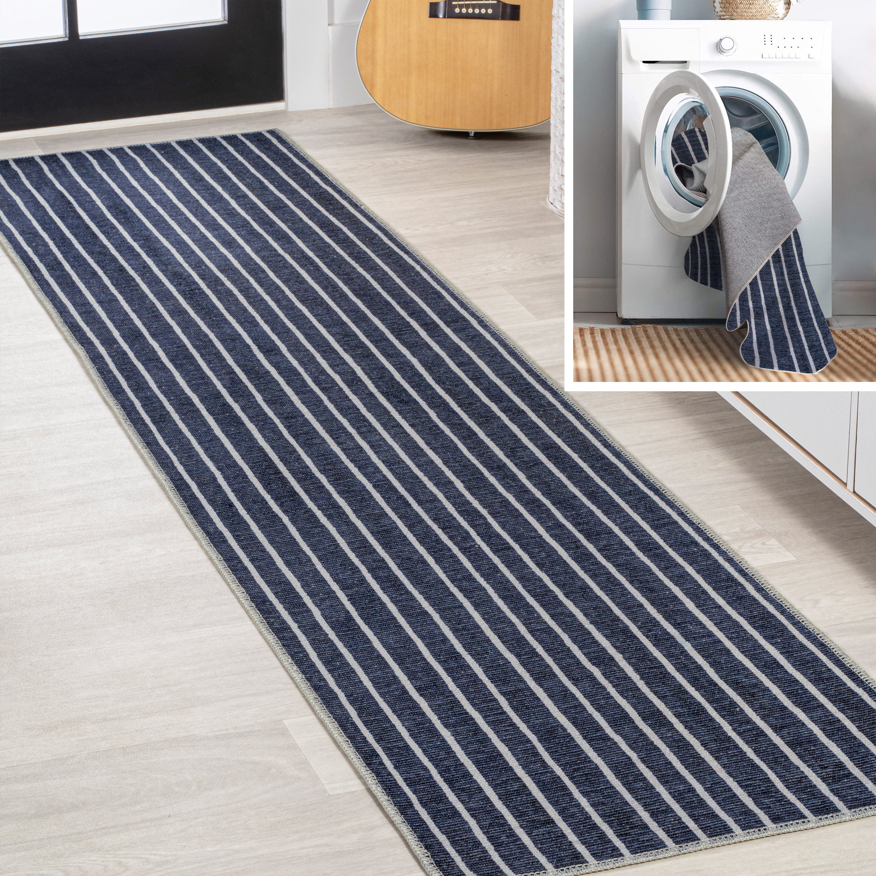 Rand Distressed Ticking Stripe Machine-Washable Runner Rug