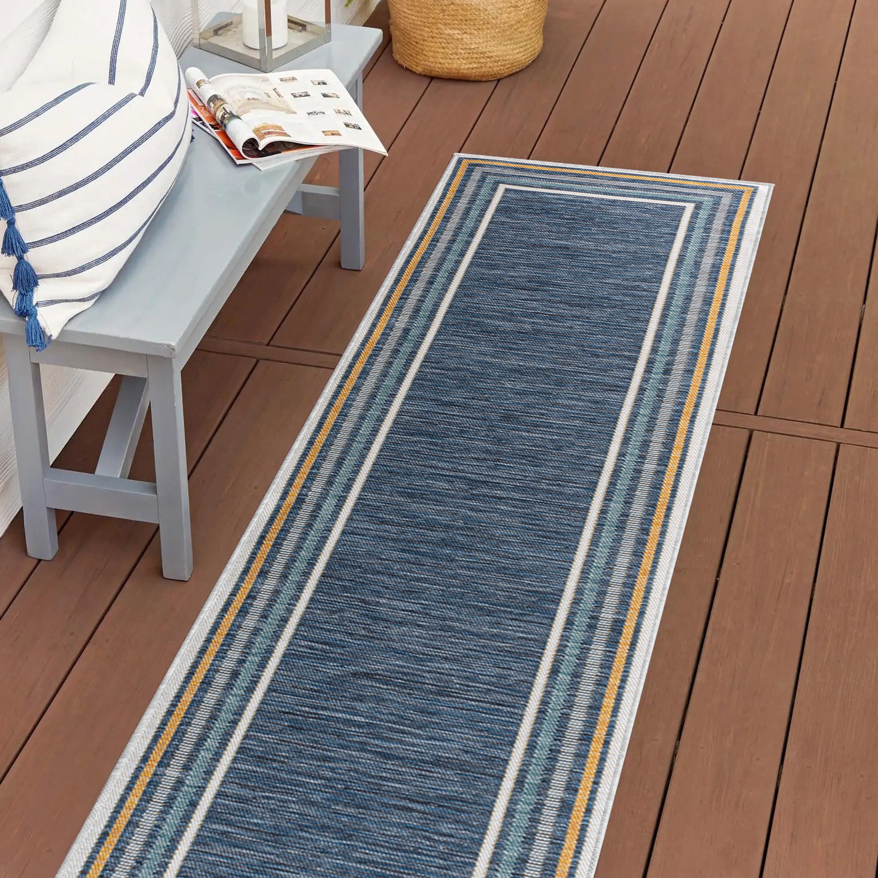 Pollux Classic Coastal Mitred Stripe Reversible Machine-Washable Indoor/Outdoor Runner Rug