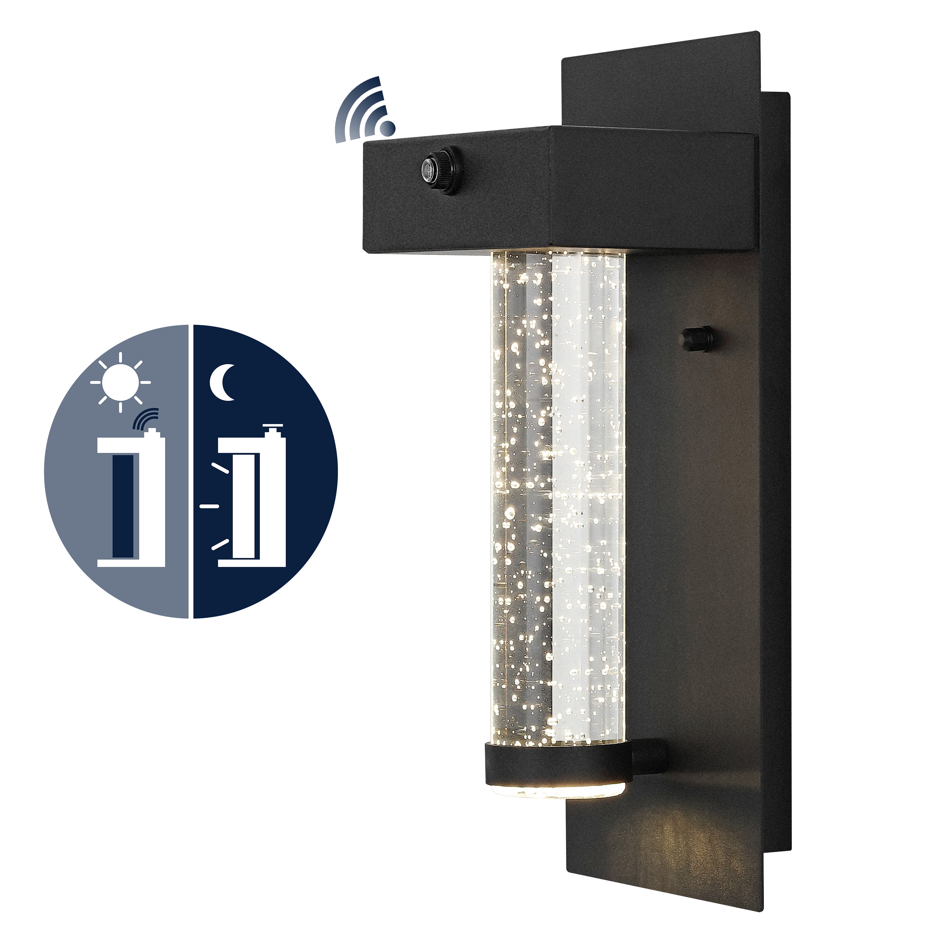 Horizone 1-Light Minimalist Industrial Iron/Seeded Glass with Dusk-to-Dawn Sensor Integrated LED Outdoor Sconce