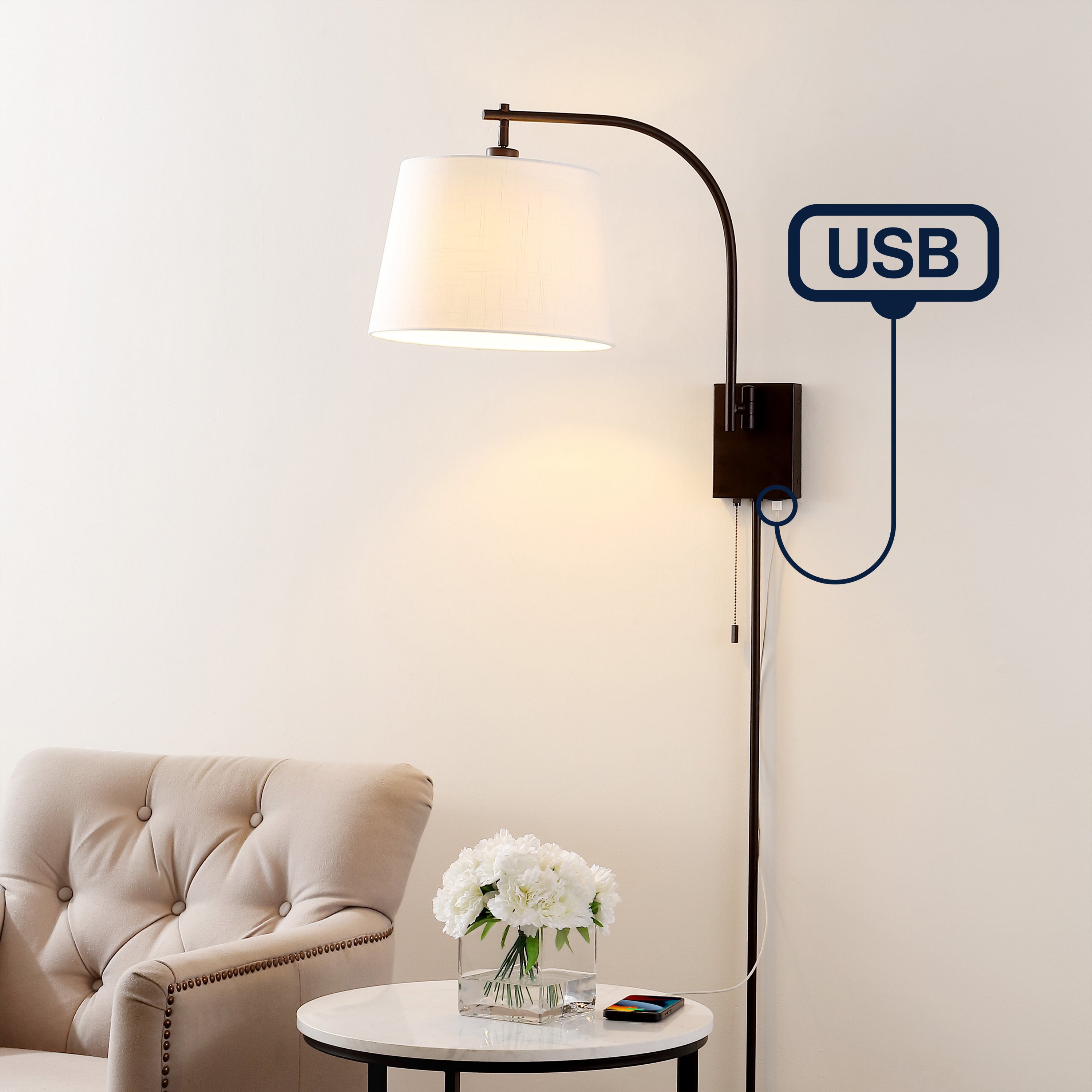 Gosling 1-Light Mid-Century Modern Plug-In or Hardwired Iron LED Gooseneck Swing Arm Wall Sconce with Pull-Chain and USB Charging Port