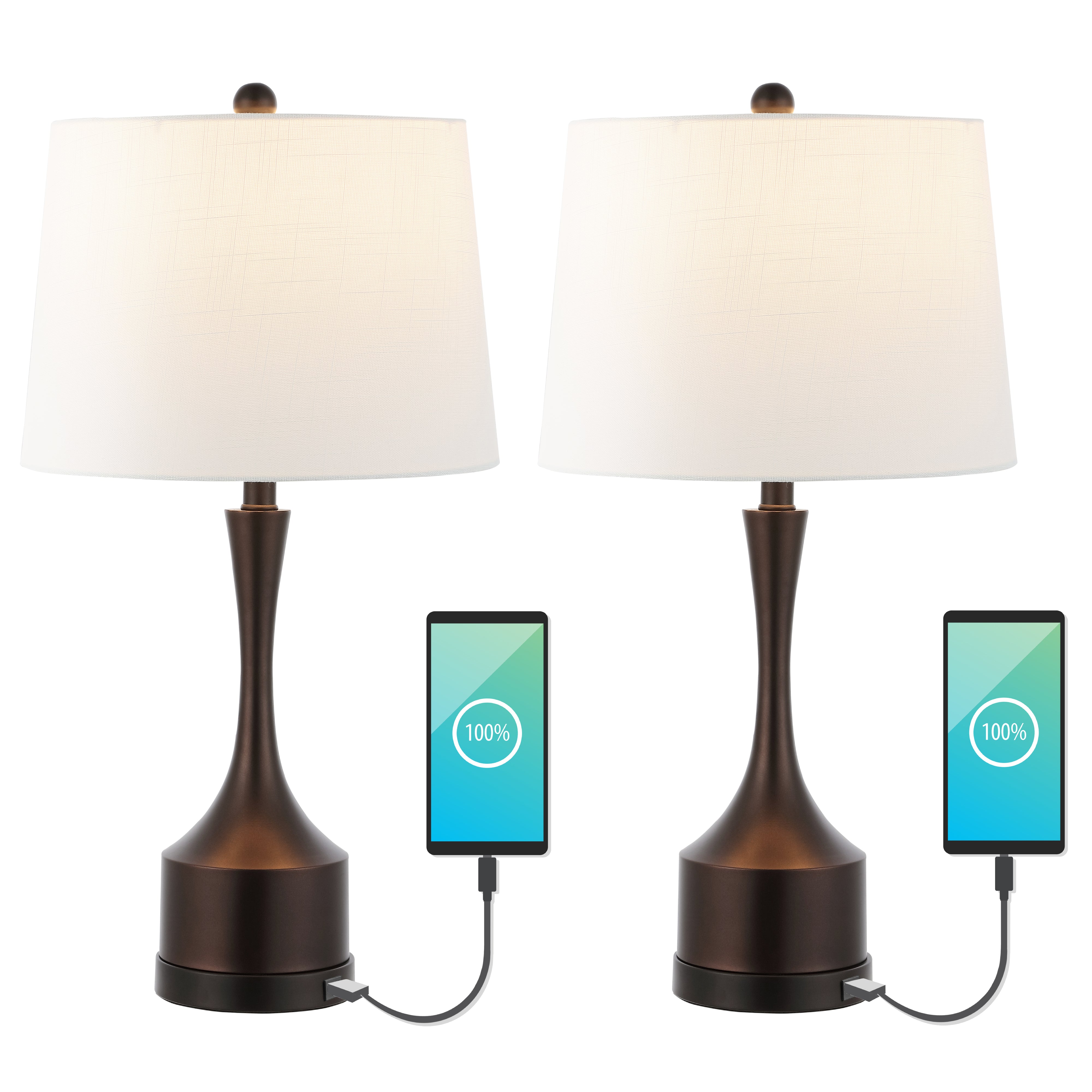 Cooper French Country Farmhouse Iron LED Table Lamp with USB Charging Port-Set of 2