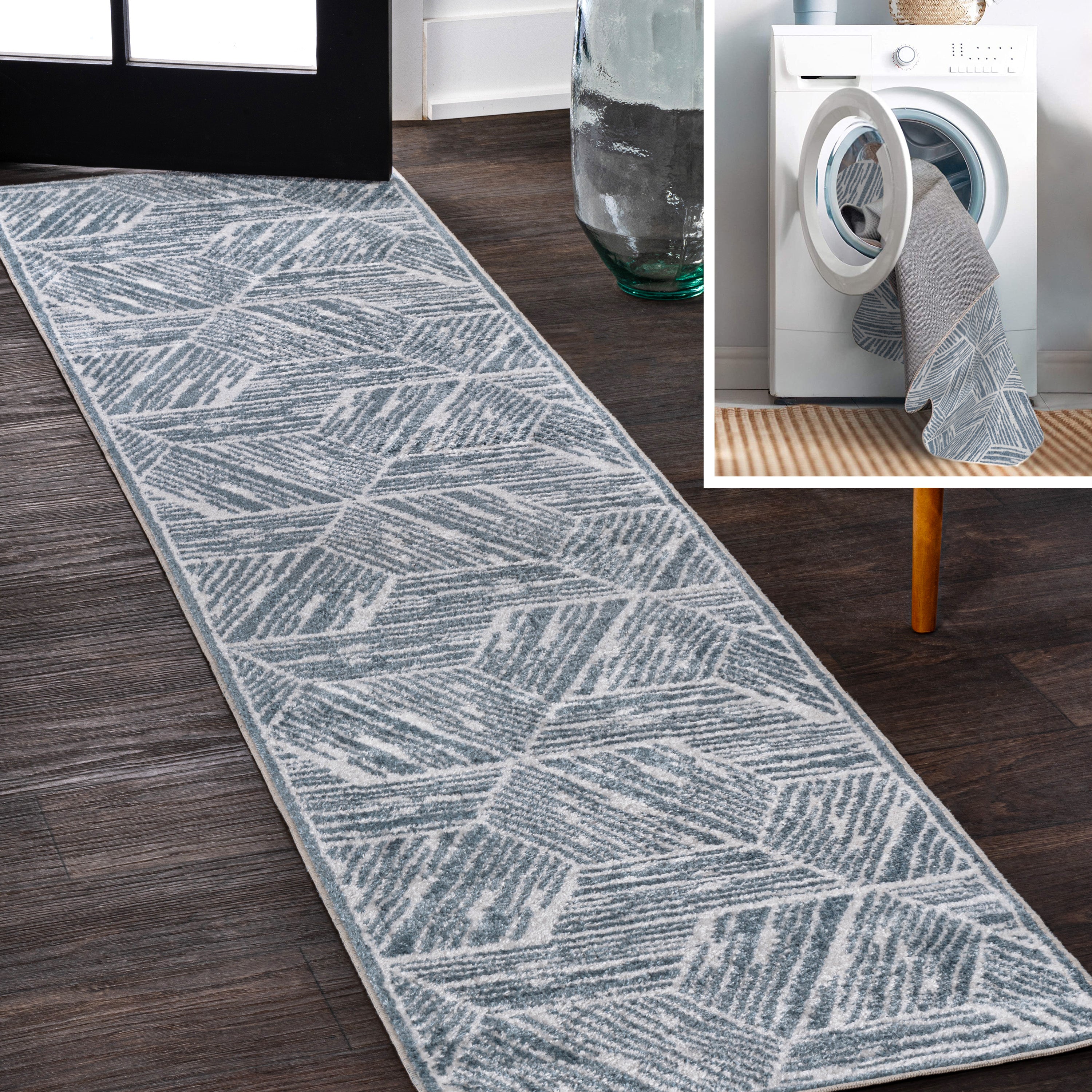 Vector Modern Coastal Geometric Machine-Washable Runner Rug