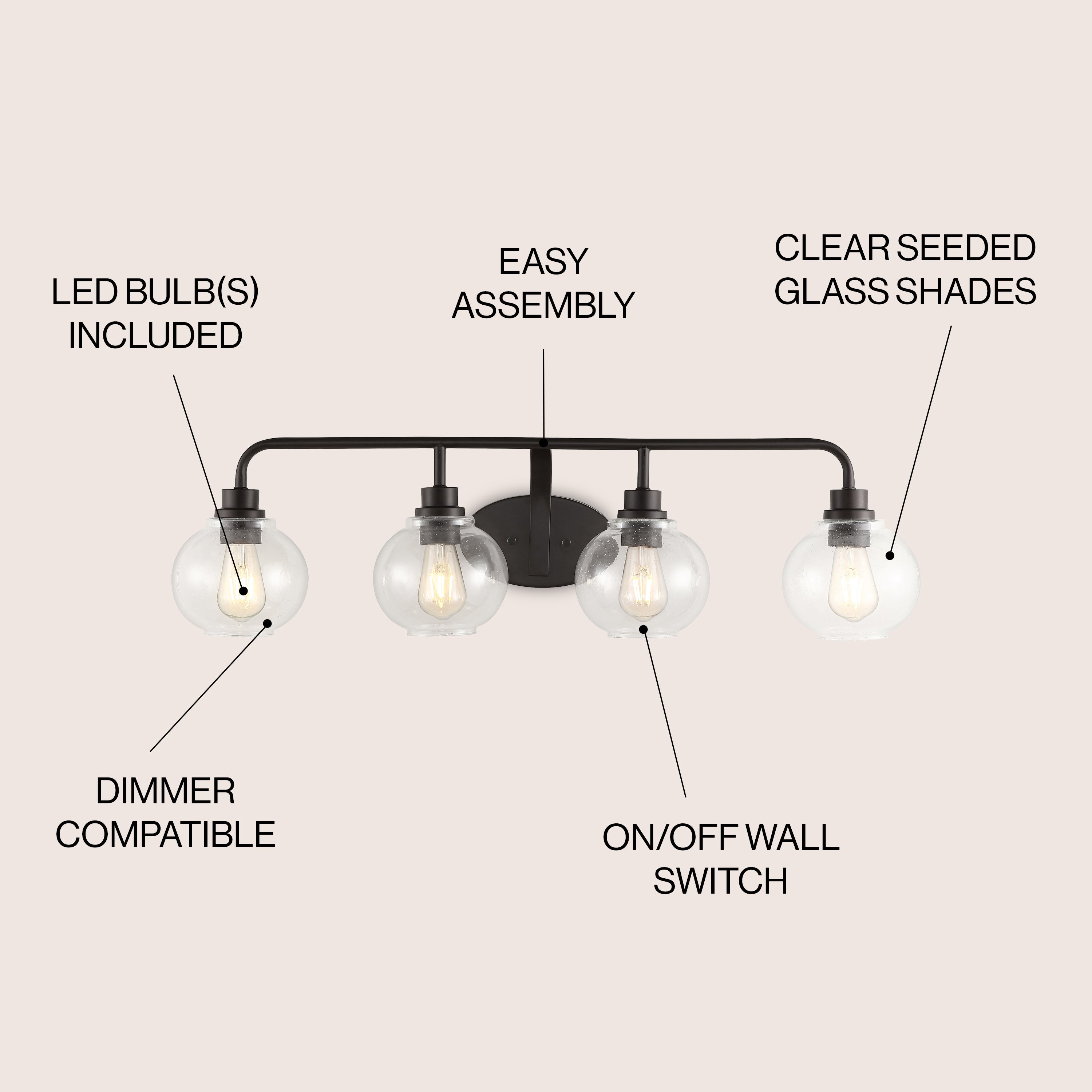 Sandrine 4-Light Iron/Seeded Glass Cottage Rustic LED Vanity Light