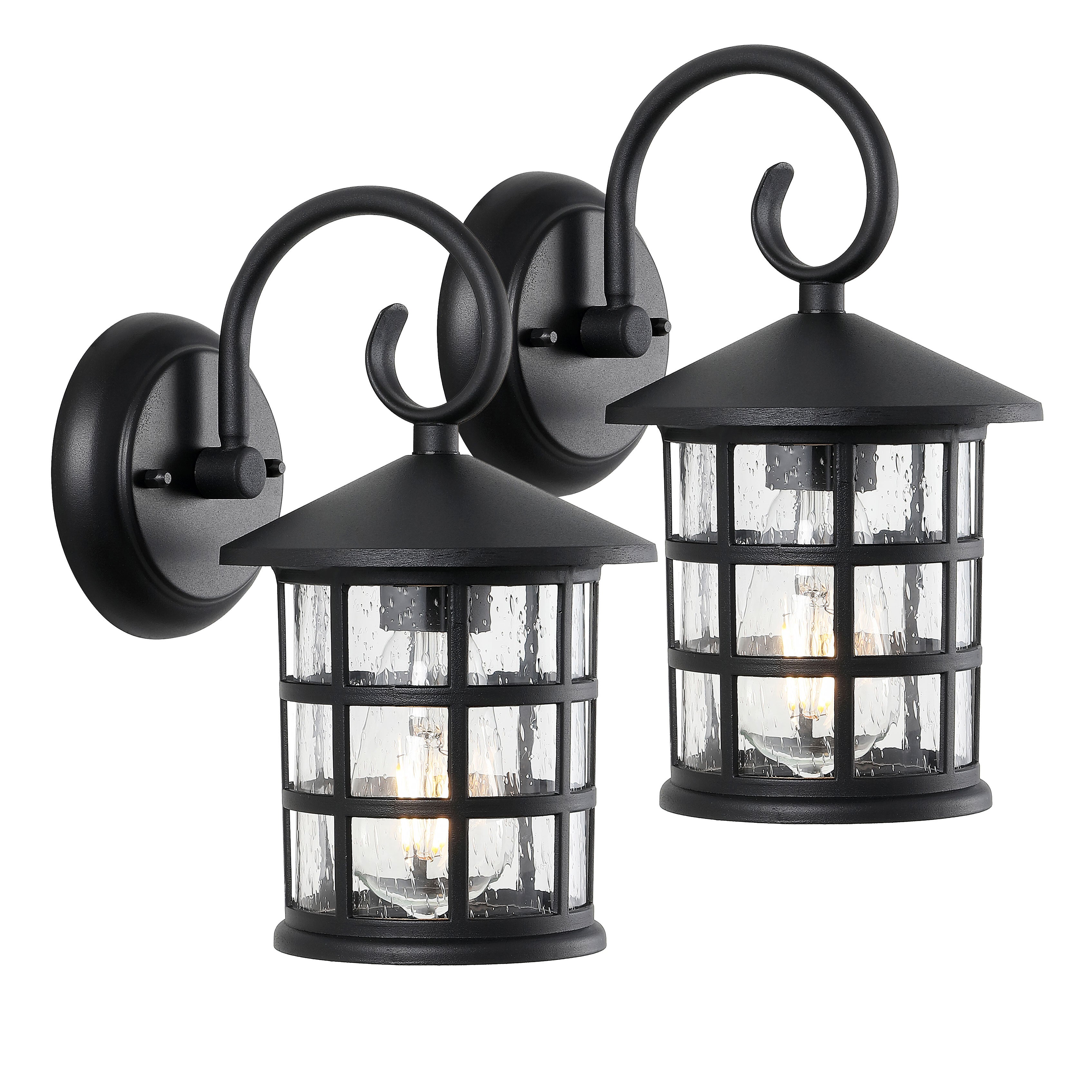 Cadiz 1-Light Iron/Seeded Glass Cottage Rustic Scrolled Lantern LED Outdoor Sconce