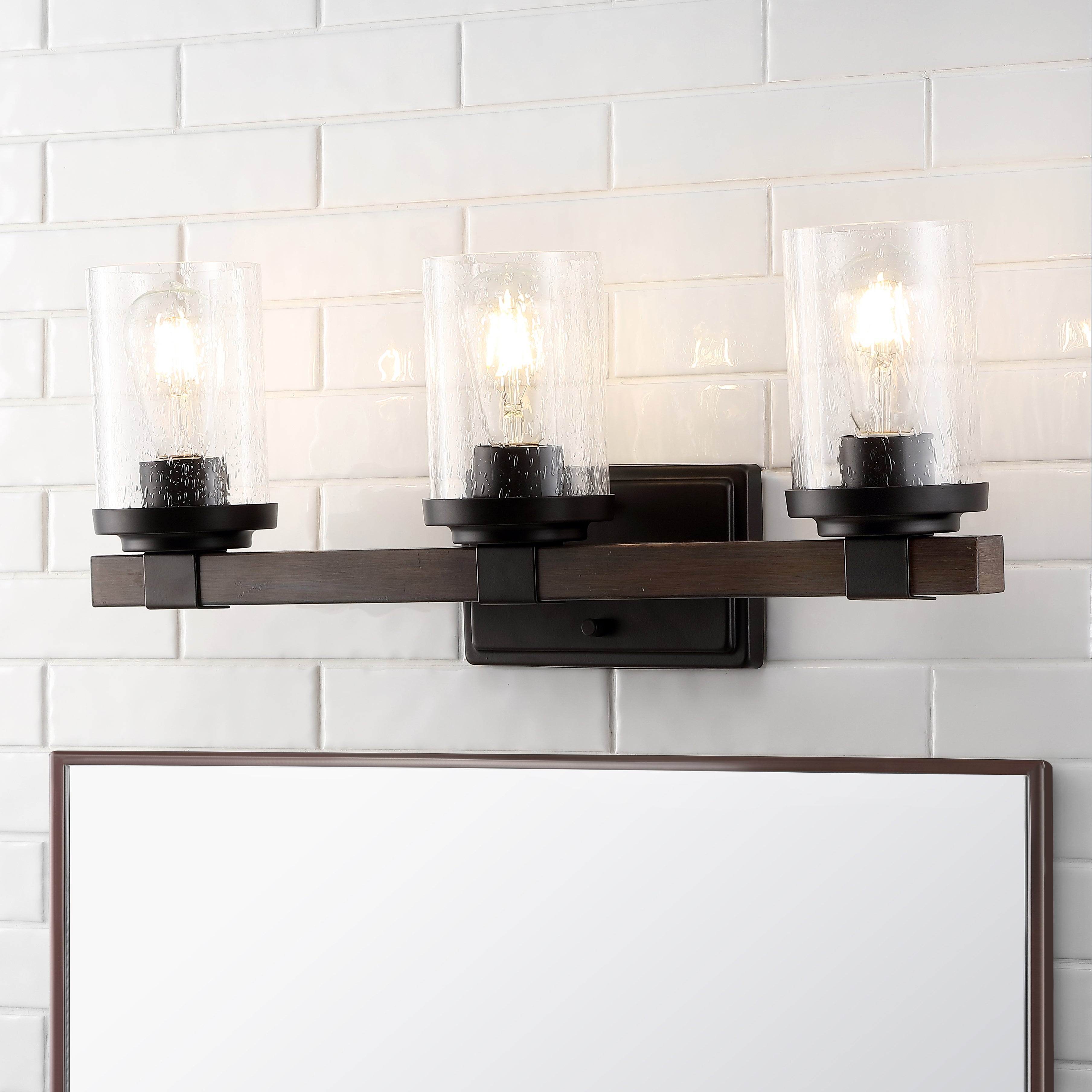 Bungalow 3-Light Iron/Seeded Glass Rustic Farmhouse LED Vanity Light