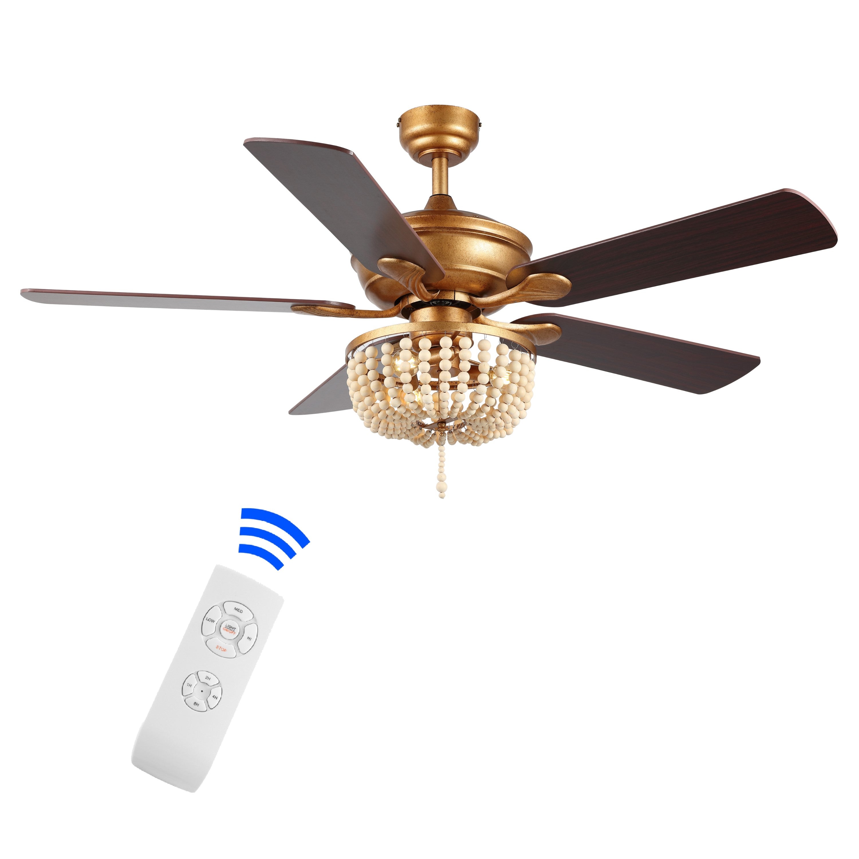 Erin 3-Light Rustic Farmhouse Iron/Wood Bead Mobile-App/Remote-Controlled LED Ceiling Fan