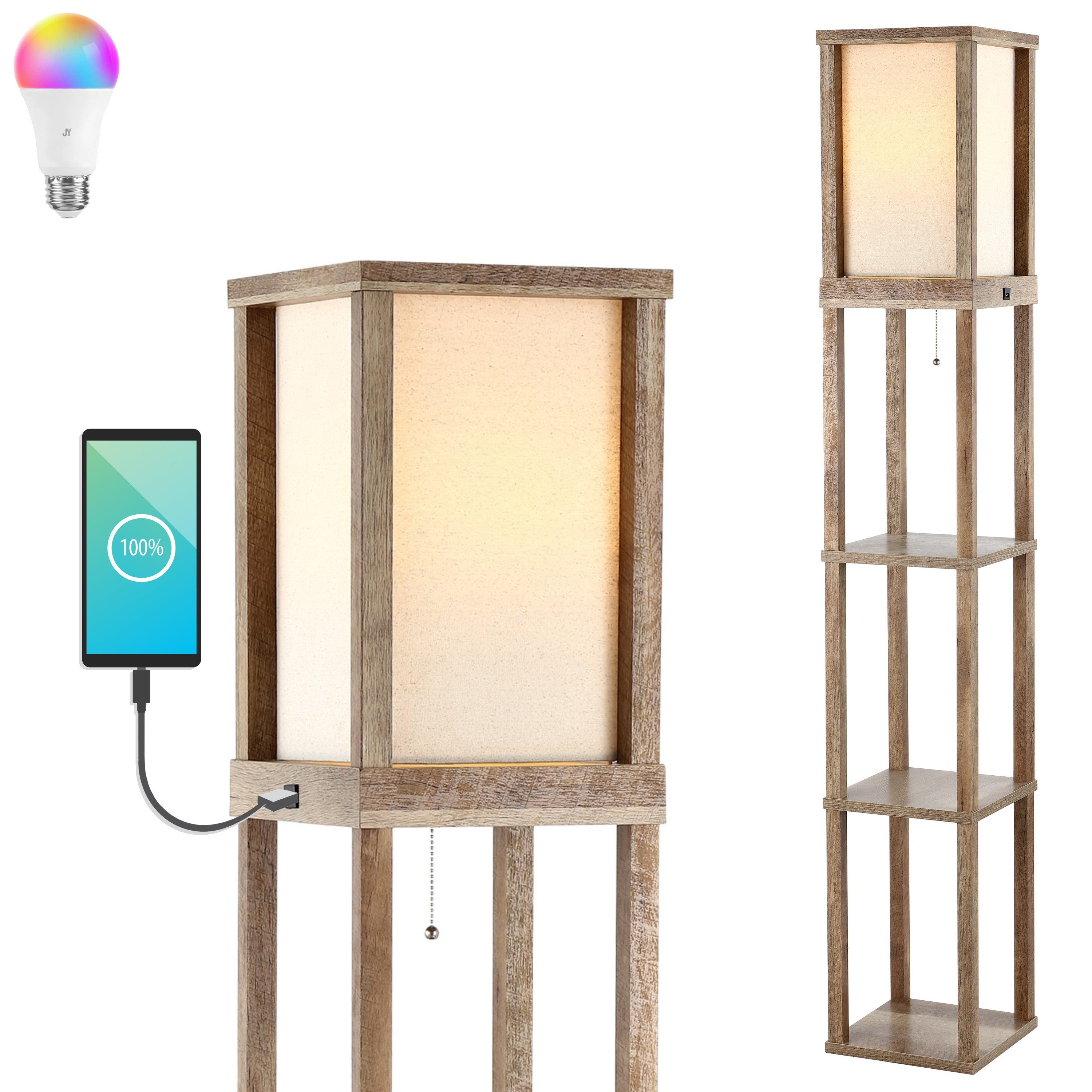 Etagere Rustic Bohemian Wooden LED 3-Shelf Floor Lamp with Pull-Chain