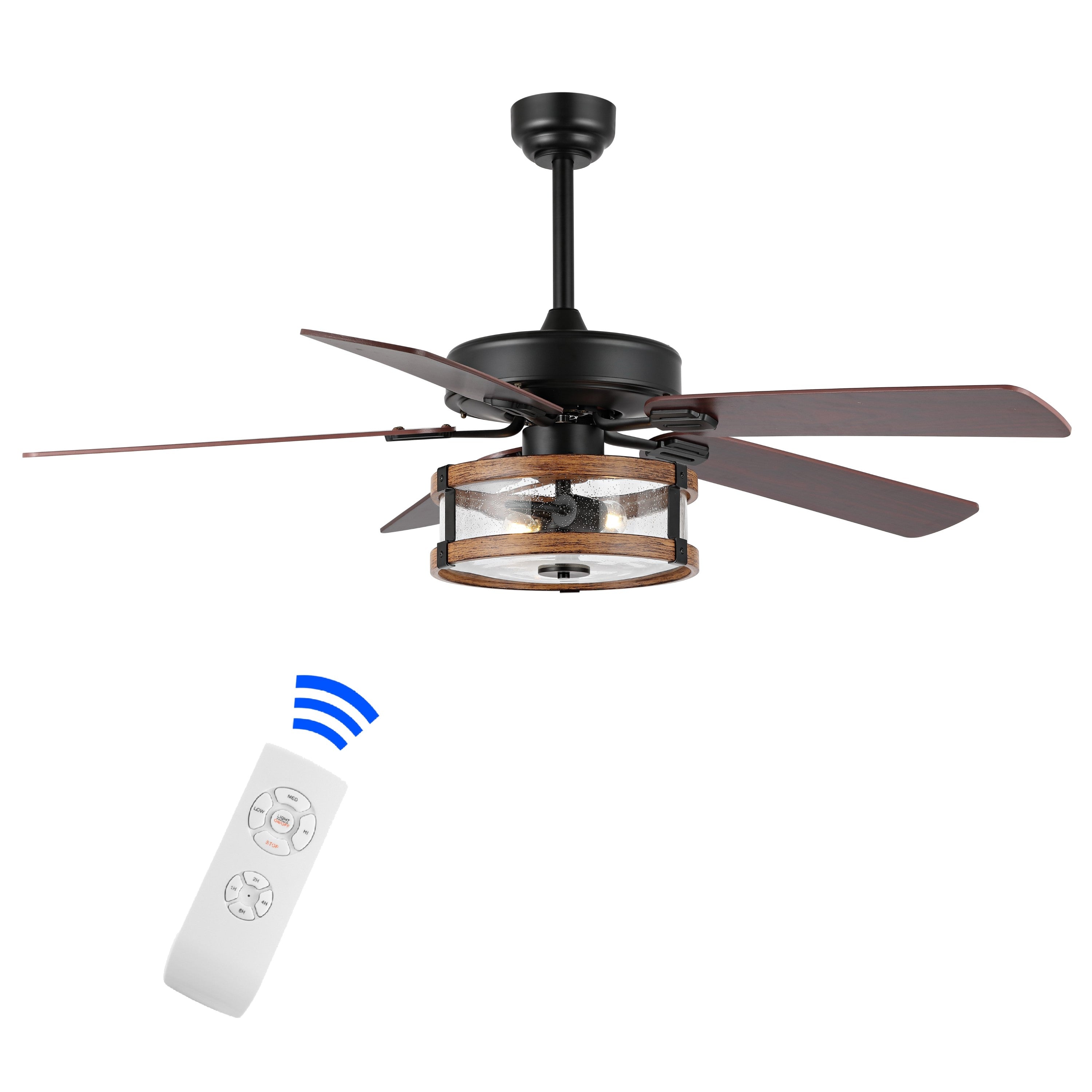 Joanna 2-Light Rustic Industrial Iron/Wood/Seeded Glass Mobile-App/Remote-Controlled LED Ceiling Fan