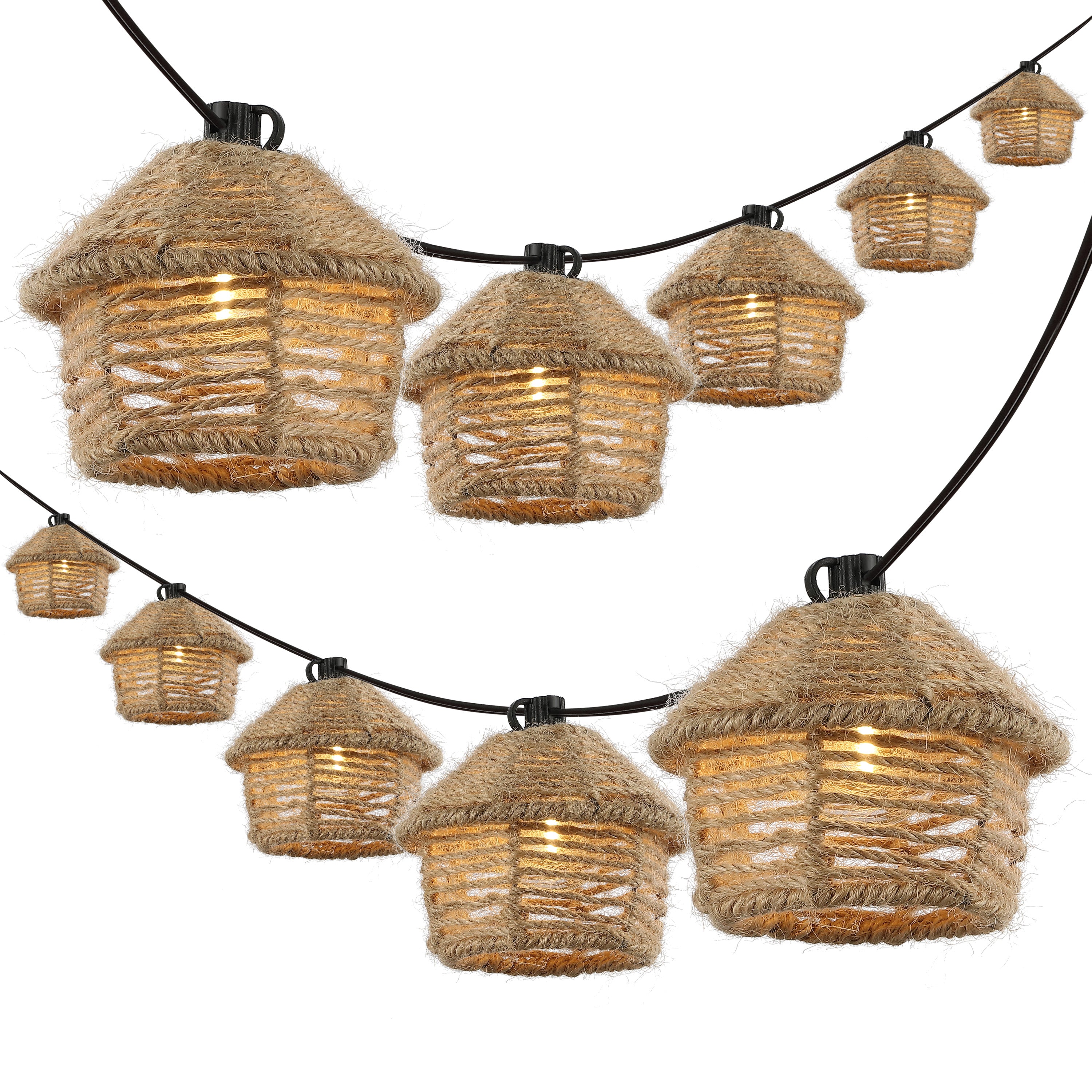 Maui 10-Light Indoor/Outdoor Mid-Century Vintage LED G40 Tiki Hut Hemp Rope Shaded String Lights