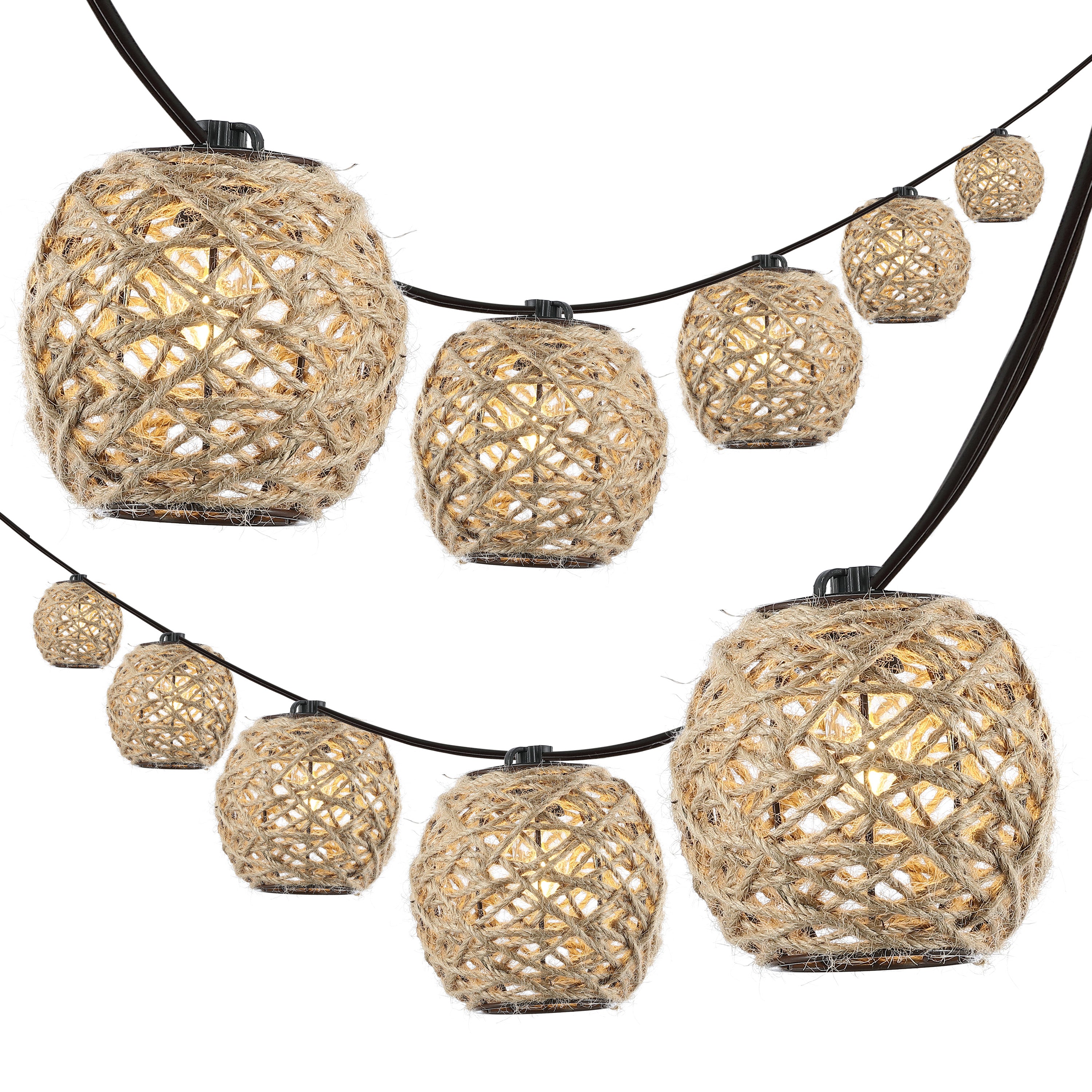 Oahu 10-Light Indoor/Outdoor Rustic Coastal LED C7 Globe Hemp Rope Shaded String Lights