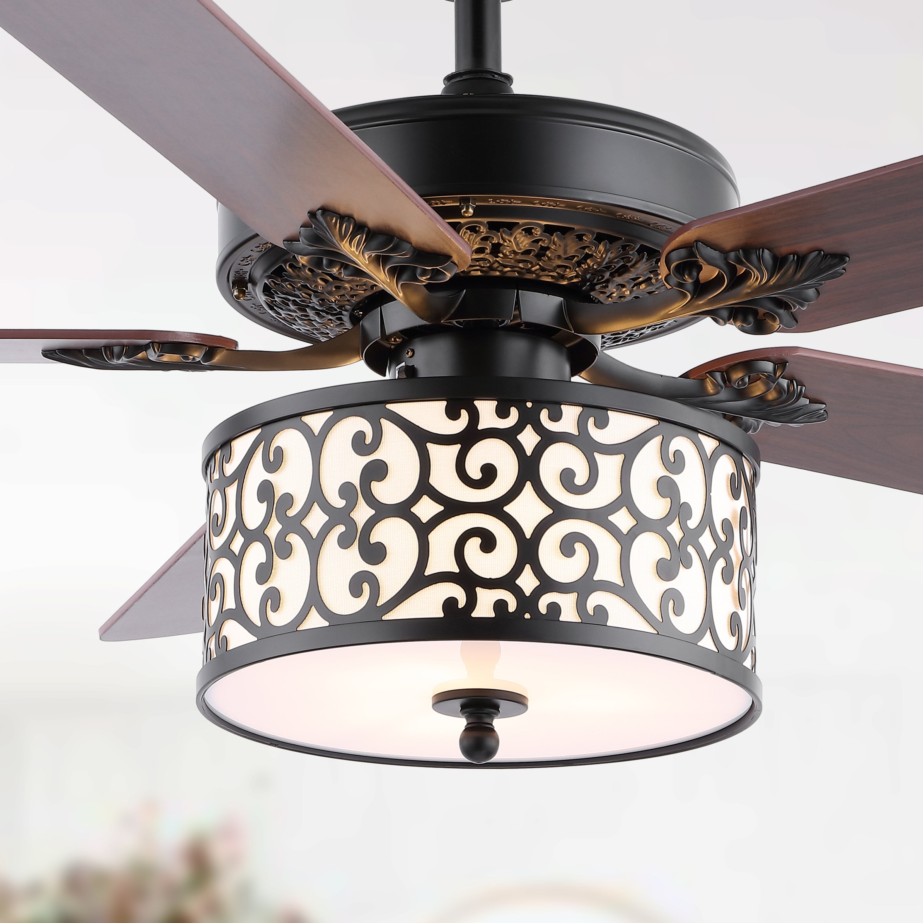 Paolo 3-Light Farmhouse Industrial Iron Scroll Drum Shade LED Ceiling Fan With Remote