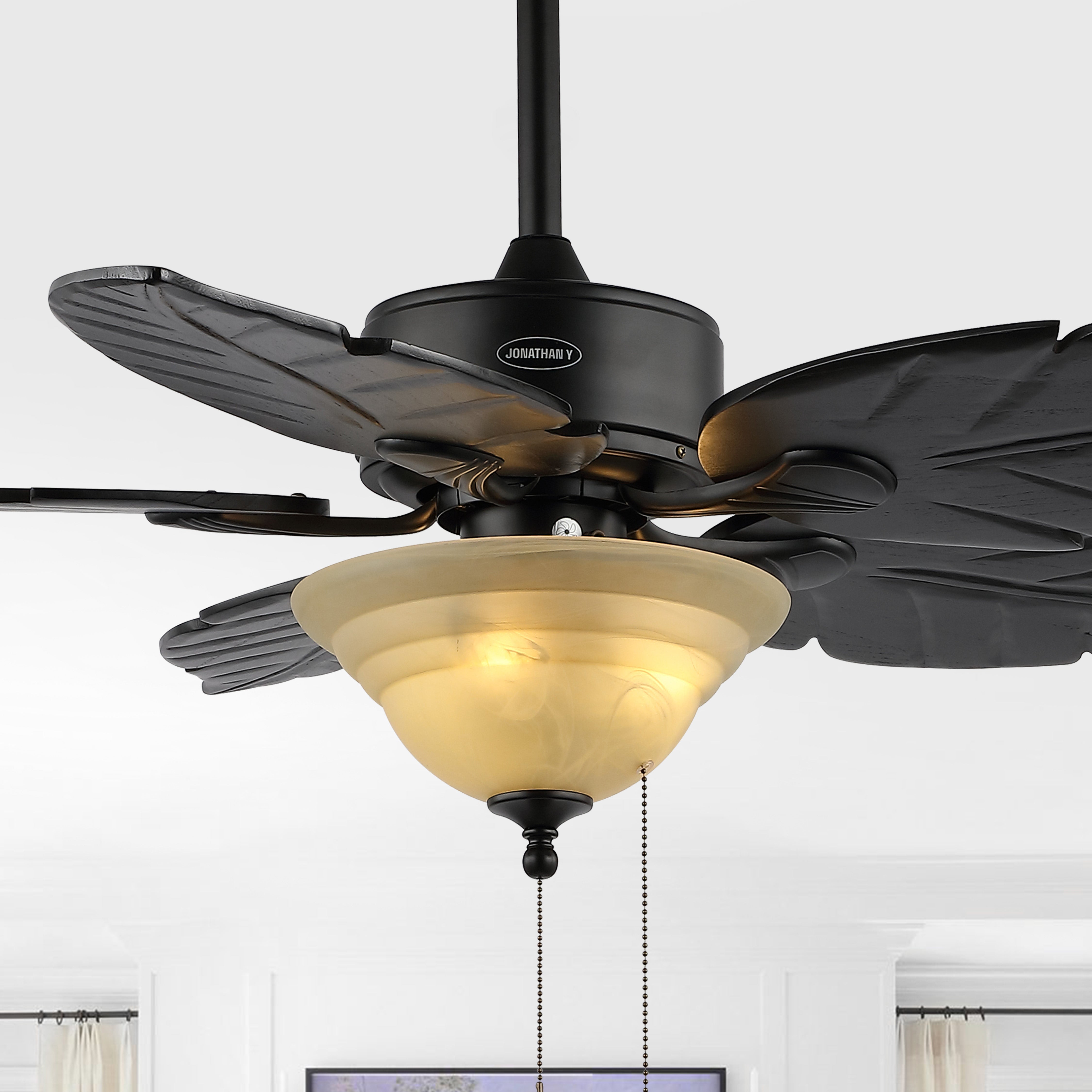 Poinciana 3-Light Coastal Bohemian Iron/Wood Palm Leaf LED Ceiling Fan with Pull Chain