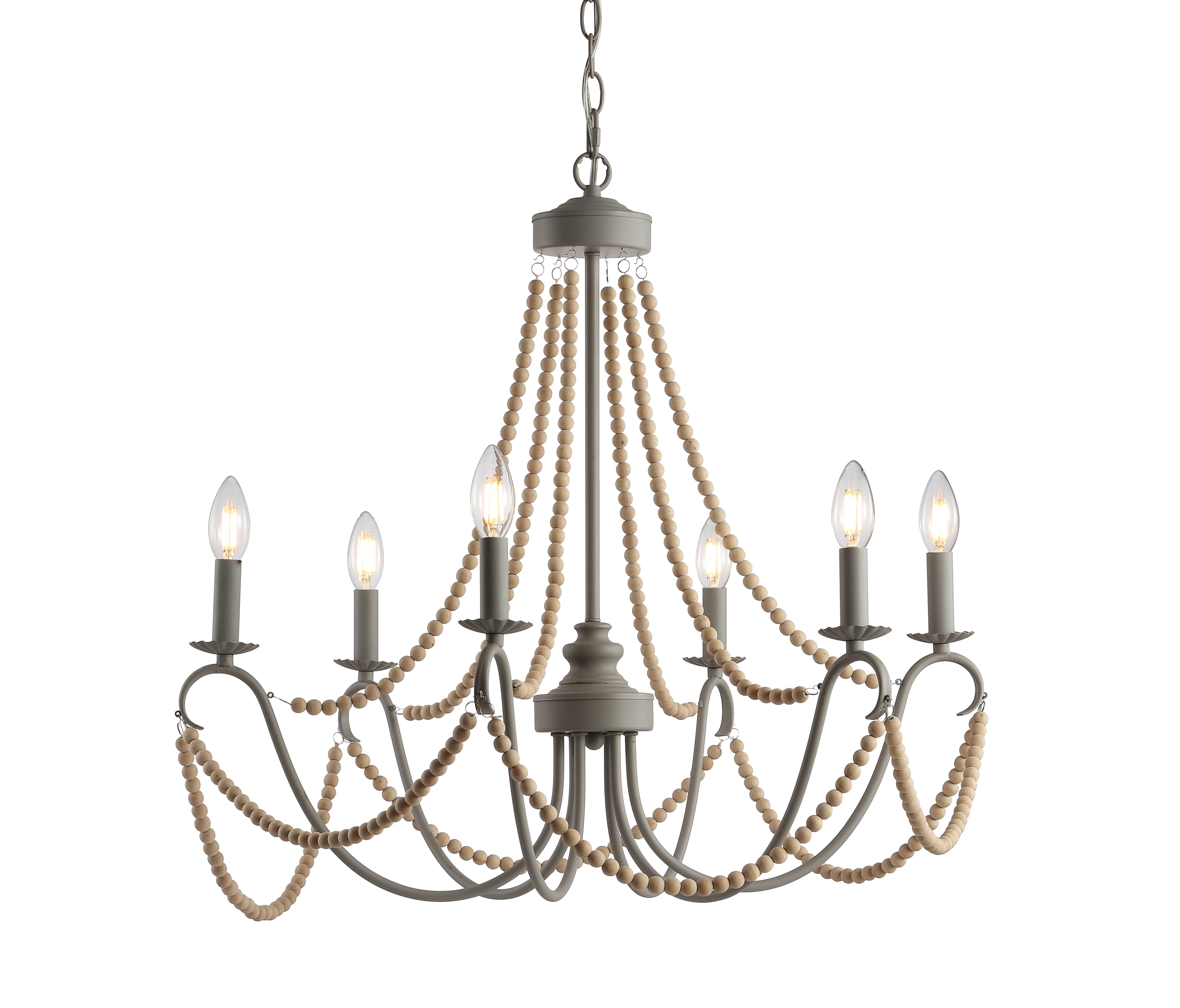 Rustica Adjustable Greige Metal/Wood Bead LED Chandelier