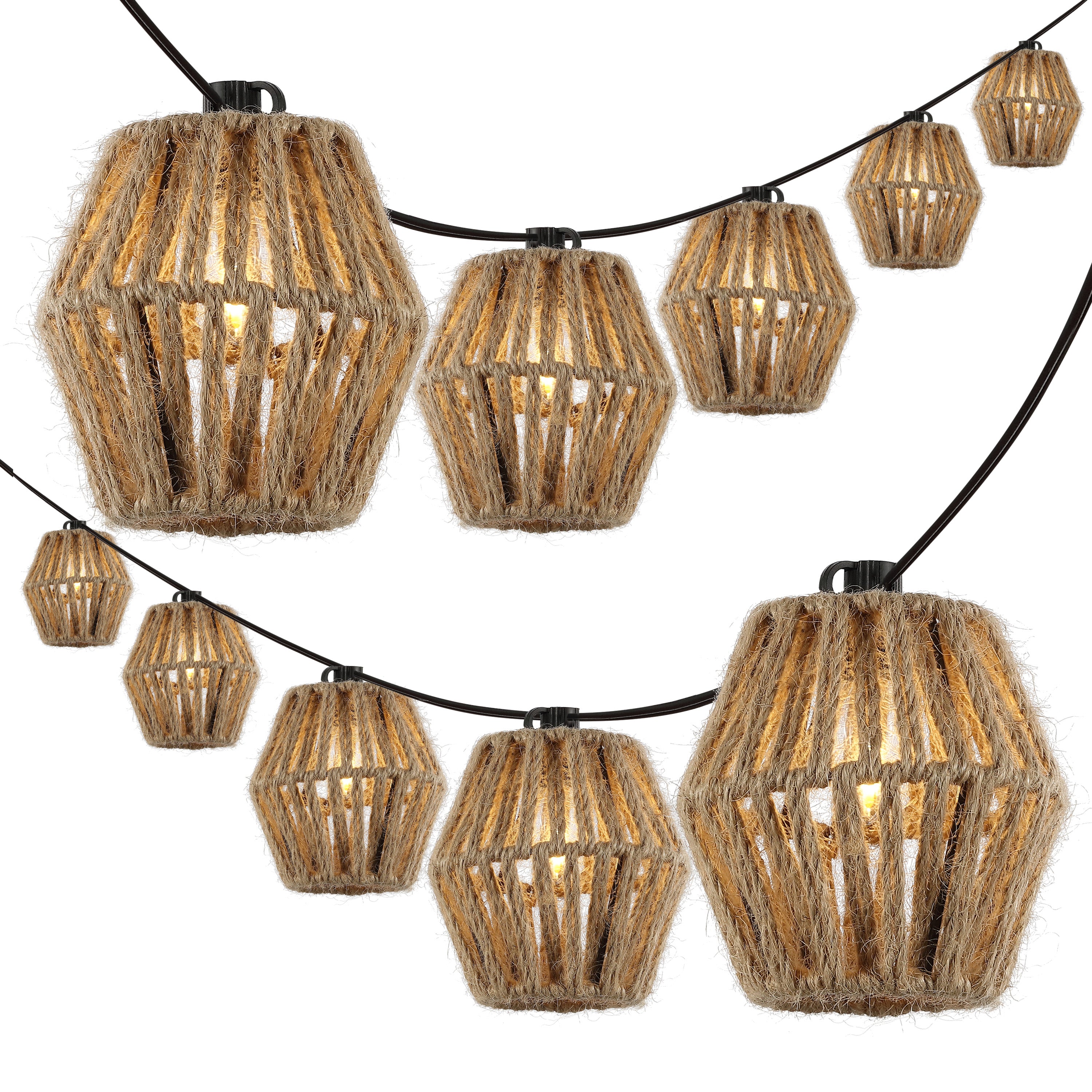 Samara 10-Light Indoor/Outdoor Mid-Century Classic LED C7 Lantern Hemp Rope Shaded String Lights