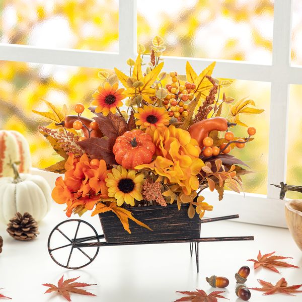 14""L Autumn Harvest Floral Cart Centerpiece - Table Centerpiece with Artificial Floral Maple Leaves