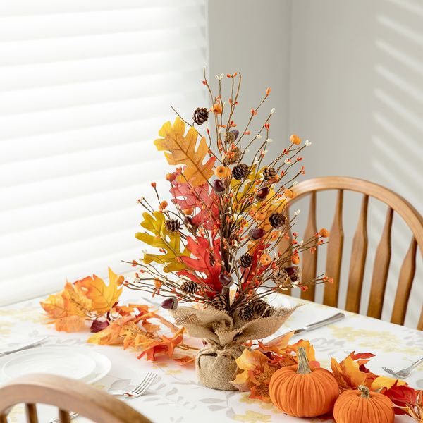 20"" H Fall Harvest Pumpkins Table Tree with Burlap Base Decorative Berries Leaves Tree Table Centerp