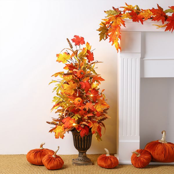 36H Fall Lighted Artificial Maple Leaves Urn Potted Porch Tree, with Timer & 20 Warm White Lights