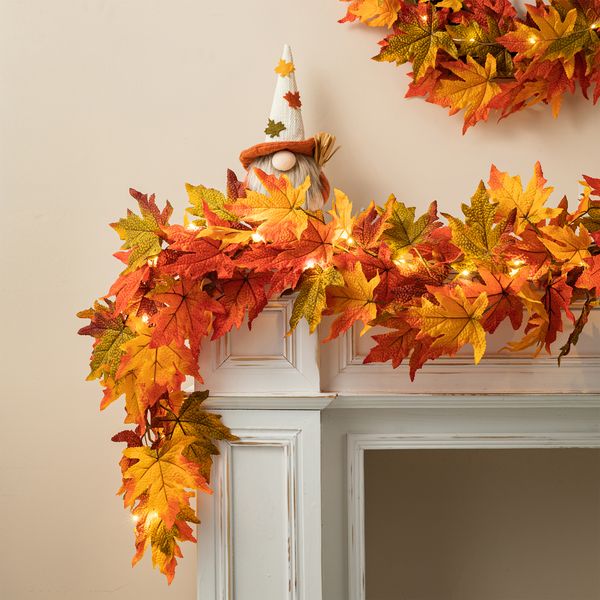 6 ft Lighted Autumn Fall Maple Leaves Garland with Timer