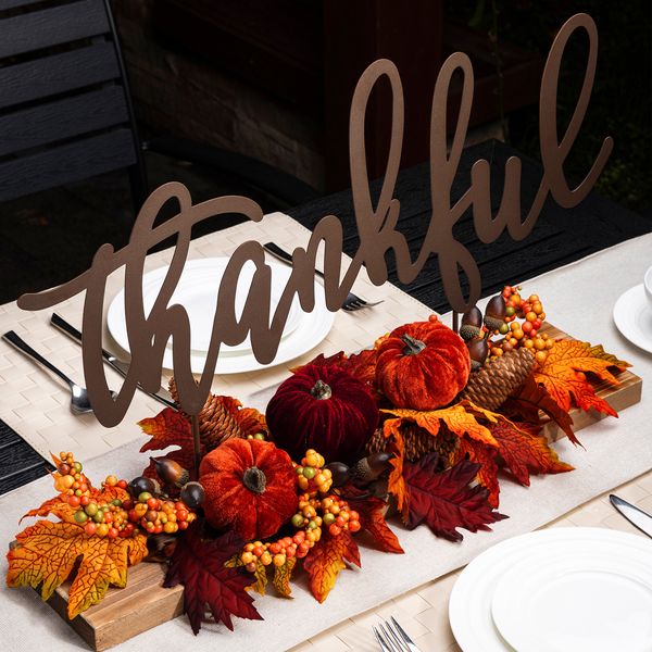 Fall Autumn Harvest Table Centerpiece - Metal Thankful Sign with 24"" L Artificial Floral Maple Leave