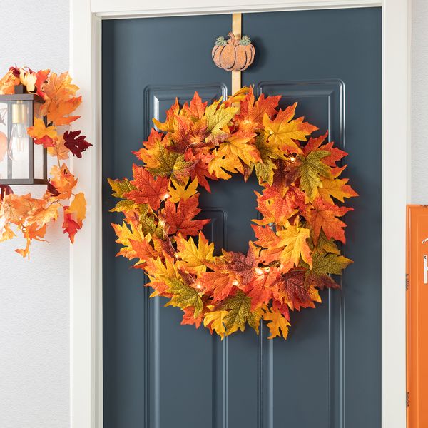 24 Inch Fall Wreath for Front Door, Lighted Maple Leaves Autumn Wreath with Timer