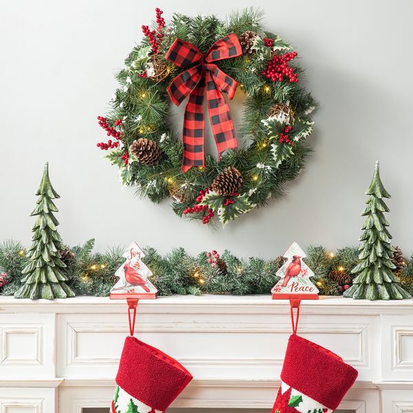 24"" LED Christmas Wreath with Timer, Artificial Bowknot Wreath with Pinecones and Berry fo