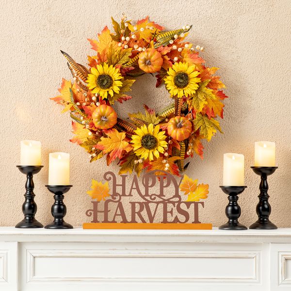 24""D Farmhouse Fall Artificial Wreath Decor, with Sunflower Pumpkin Berry Ornament