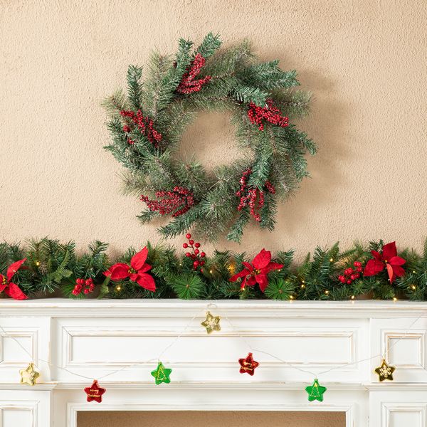 24'' Christmas Door Wreath, Artificial Holiday Wreath with Pine Needle & Berry, Holiday Ac