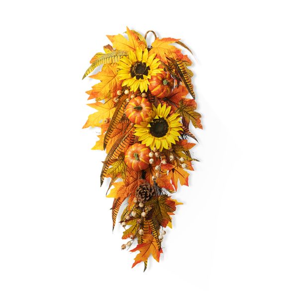 26"" H Sunflower Pumpkin Leaf Swag, Artificial Autumn Door Swag with Maple Leaves Pumpkins